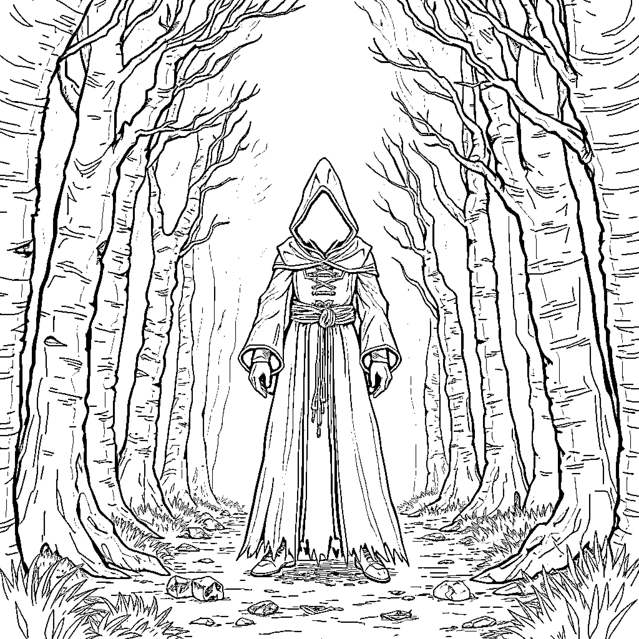 Shadowheart: Mysterious figure in an enchanted forest Coloring Page (free black-and-white line drawing printable PDF for all, from beginners to advanced learners, including children, teens, adults, and seniors)