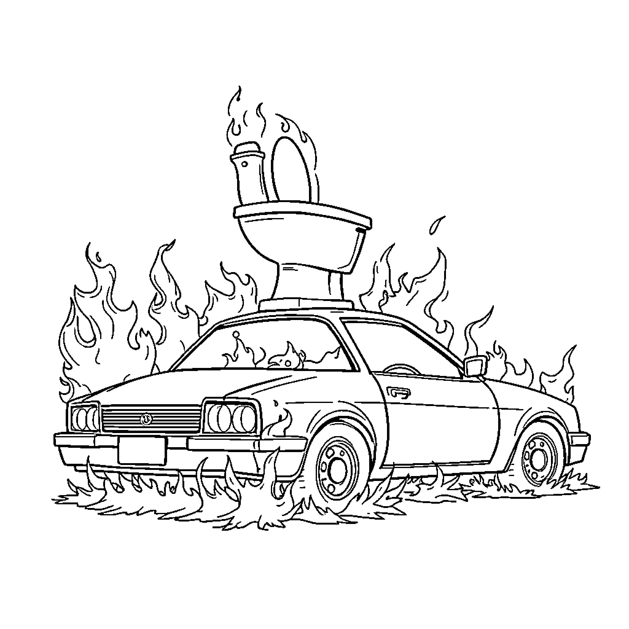 Car burning with fiery toilet on top Coloring Page (free black-and-white line drawing printable PDF for all, from beginners to advanced learners, including children, teens, adults, and seniors)