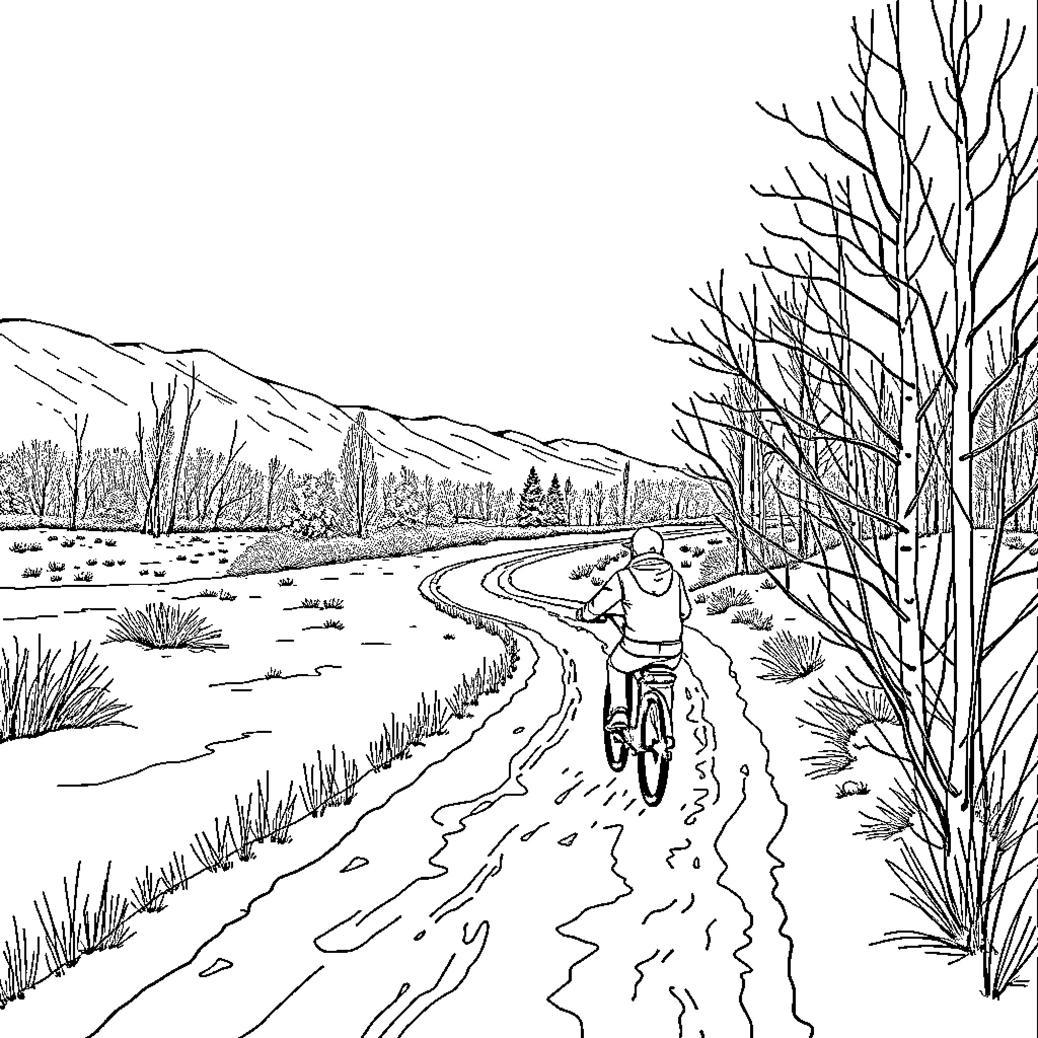 Bicycle ride through a snowy winter landscape Coloring Page (free black-and-white line drawing printable PDF for all, from beginners to advanced learners, including children, teens, adults, and seniors)