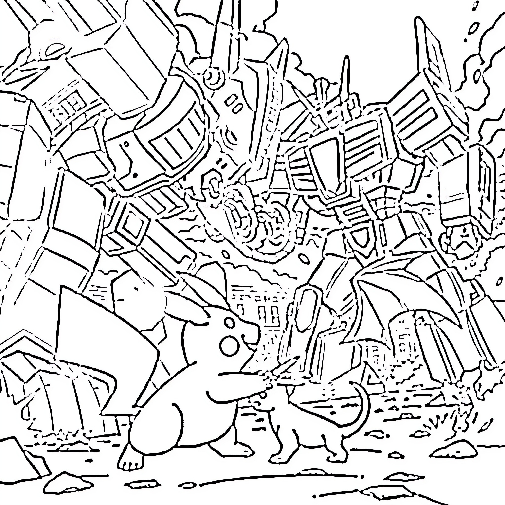 Pokémon characters in a fantasy landscape Coloring Page (free black-and-white line drawing printable PDF for all, from beginners to advanced learners, including children, teens, adults, and seniors)