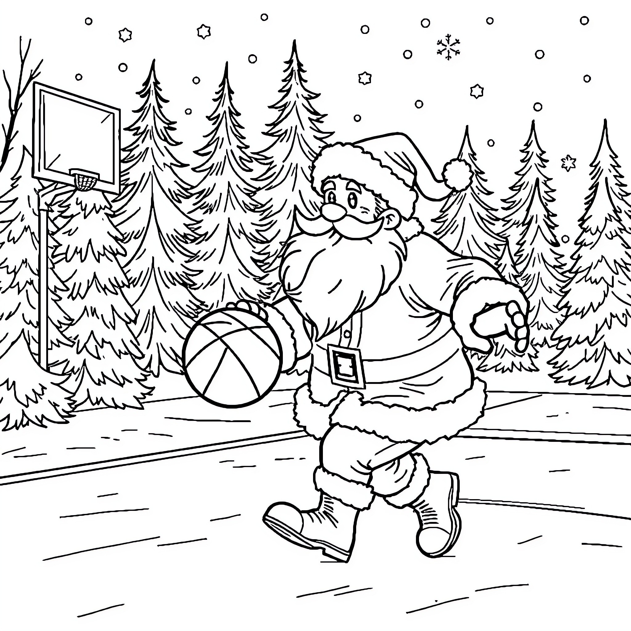 Santa playing basketball in snowy forest Coloring Page (free black-and-white line drawing printable PDF for all, from beginners to advanced learners, including children, teens, adults, and seniors)