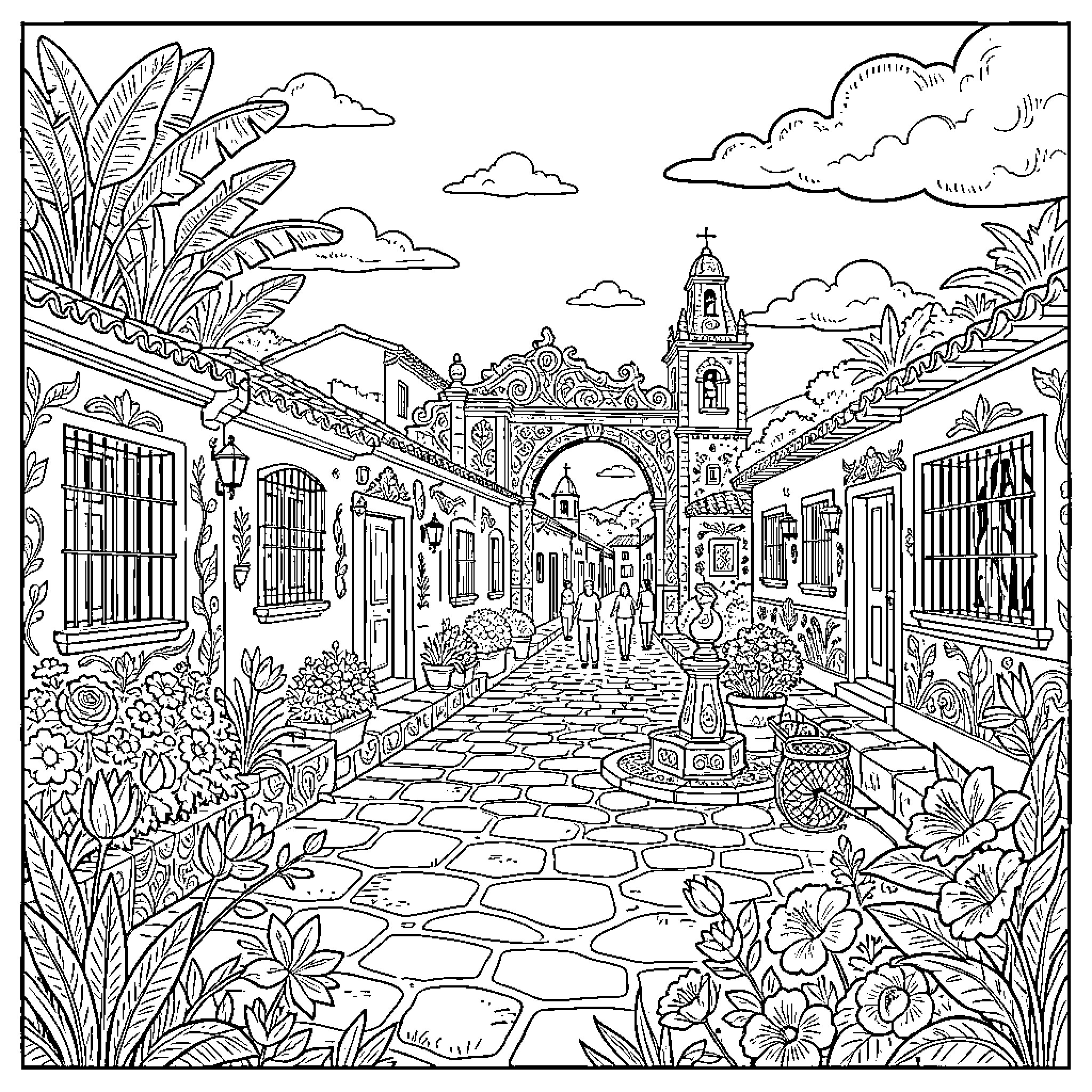 Sarchí: Idyllic Town with Intricate Architecture Coloring Page (free black-and-white line drawing printable PDF for all, from beginners to advanced learners, including children, teens, adults, and seniors)