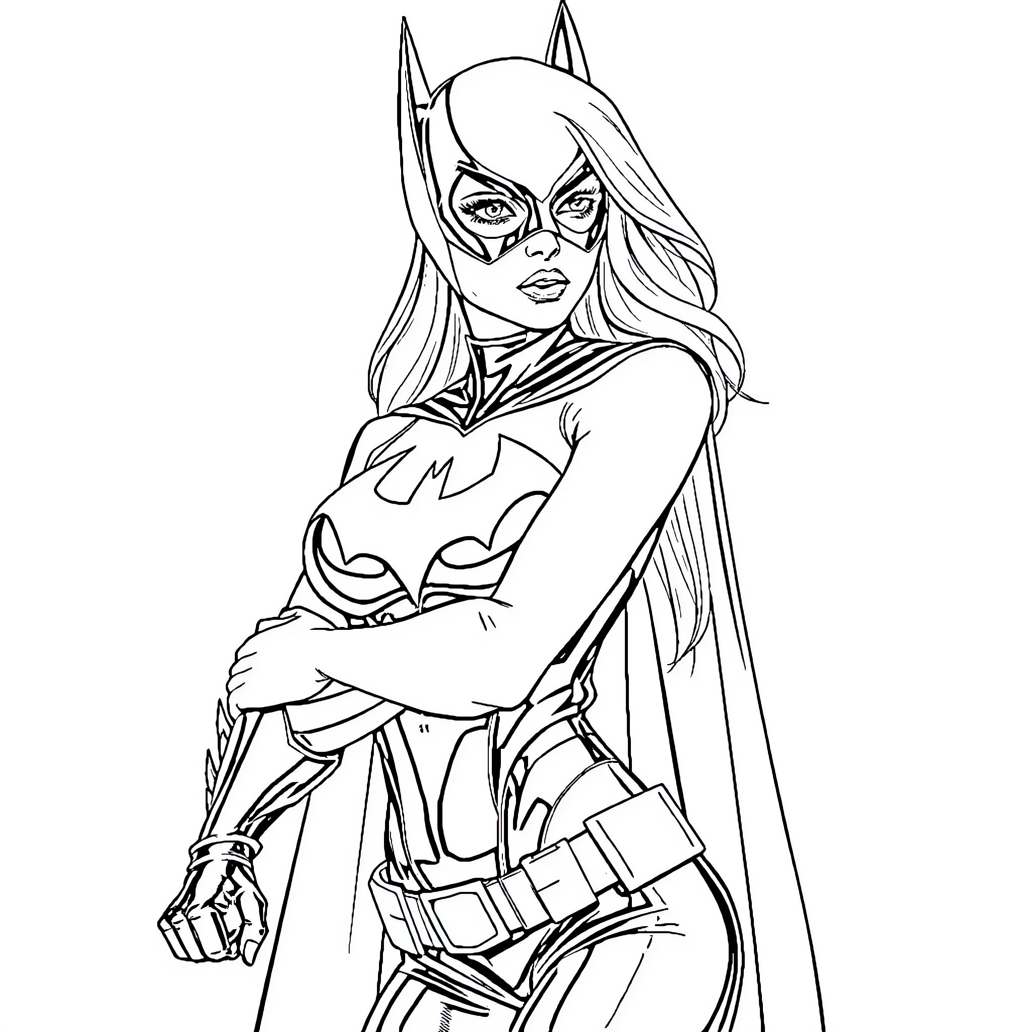Woman in superhero costume with confident pose Coloring Page (free black-and-white line drawing printable PDF for all, from beginners to advanced learners, including children, teens, adults, and seniors)