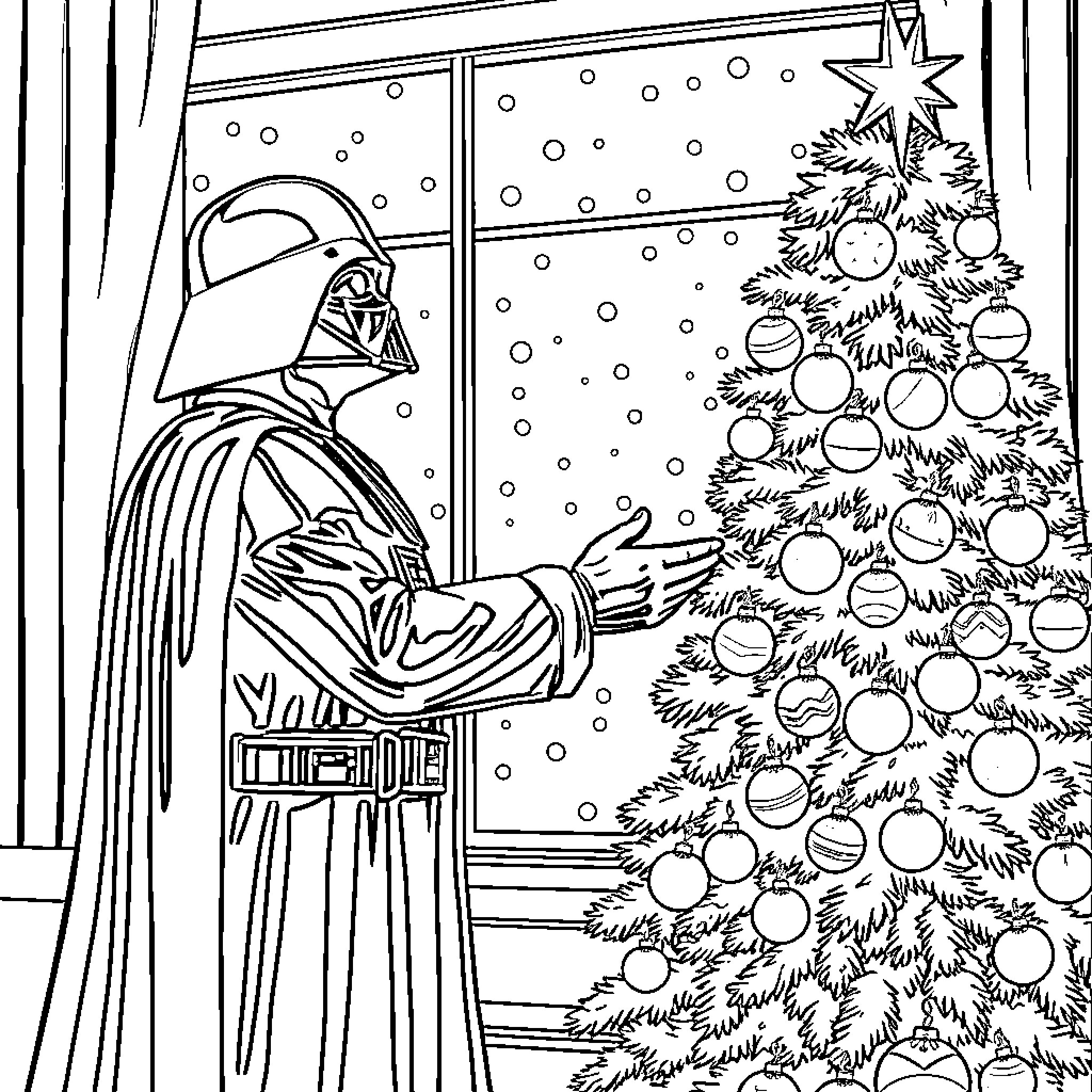 Darth Vader decorating the Christmas tree Coloring Page (free black-and-white line drawing printable PDF for all, from beginners to advanced learners, including children, teens, adults, and seniors)