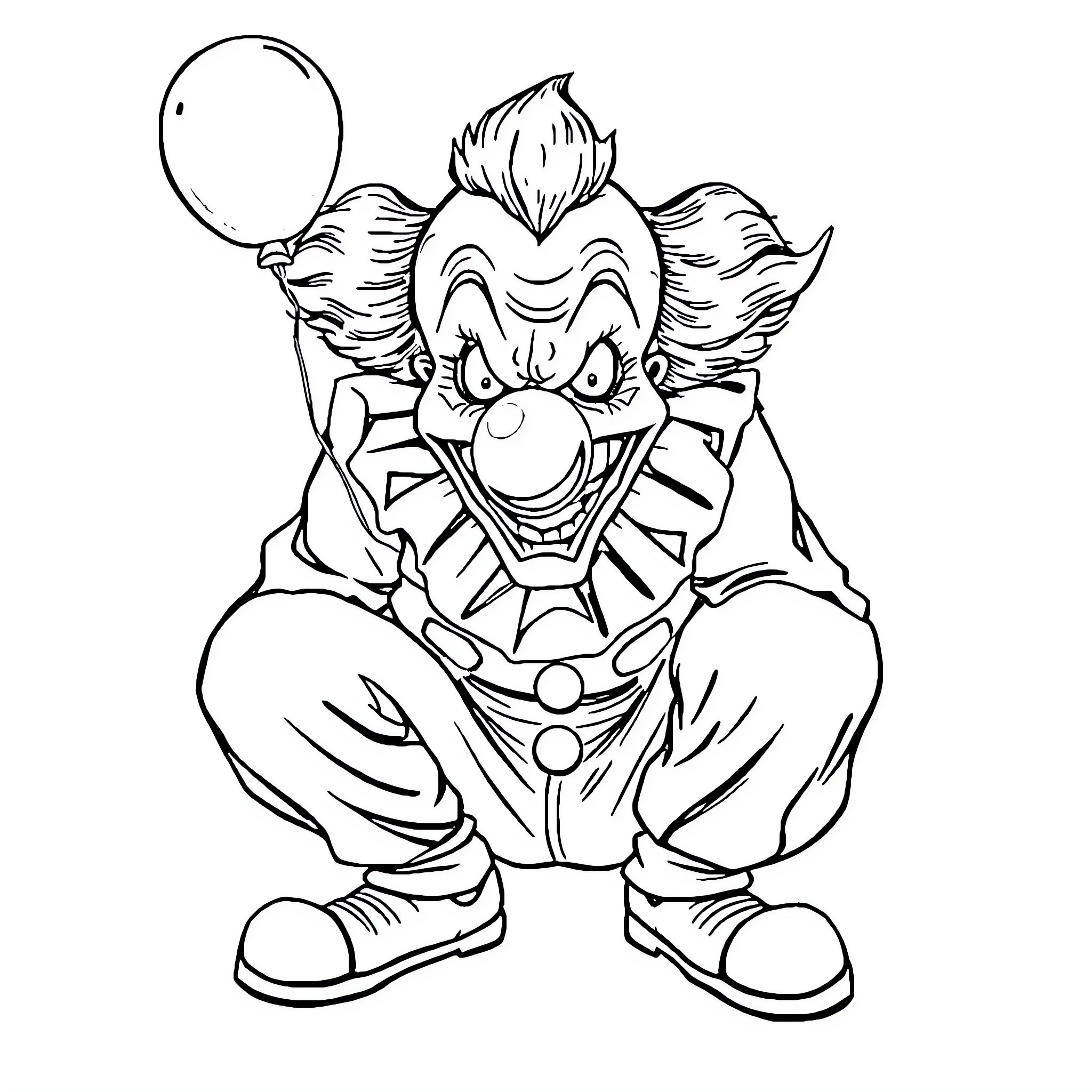 Clown with big smile and balloons Coloring Page (free black-and-white line drawing printable PDF for all, from beginners to advanced learners, including children, teens, adults, and seniors)