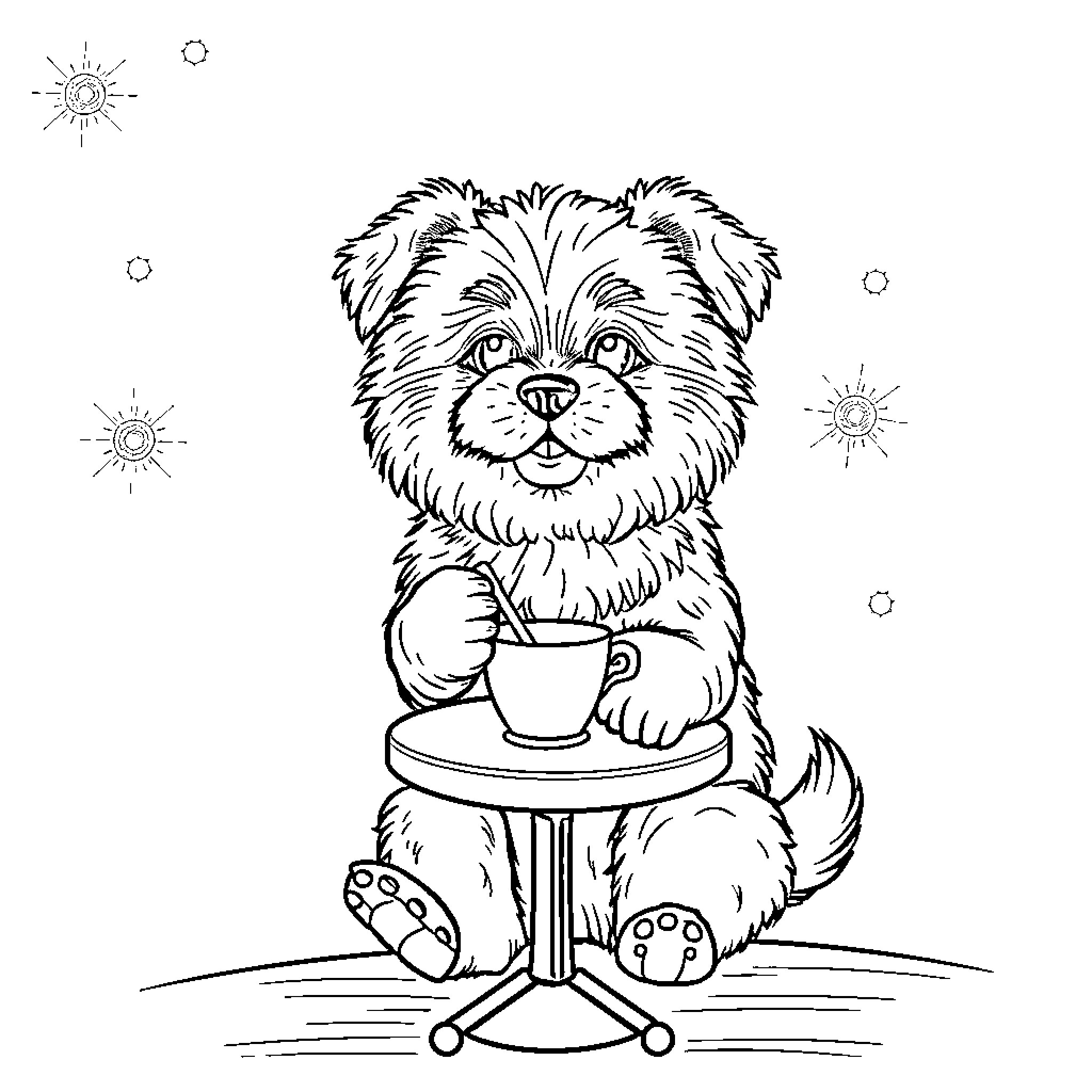 Dog Enjoying a Cozy Cup of Coffee Coloring Page (free black-and-white line drawing printable PDF for all, from beginners to advanced learners, including children, teens, adults, and seniors)