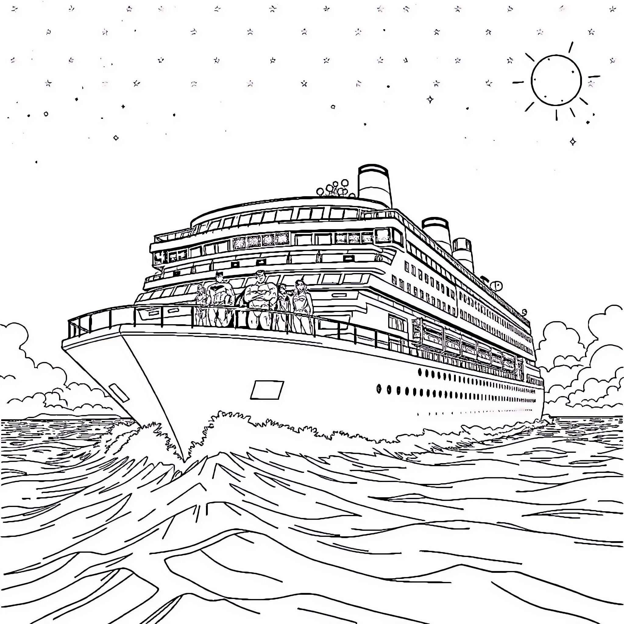 Cruise Ship Sailing on Waves under the Sun Coloring Page (free black-and-white line drawing printable PDF for all, from beginners to advanced learners, including children, teens, adults, and seniors)