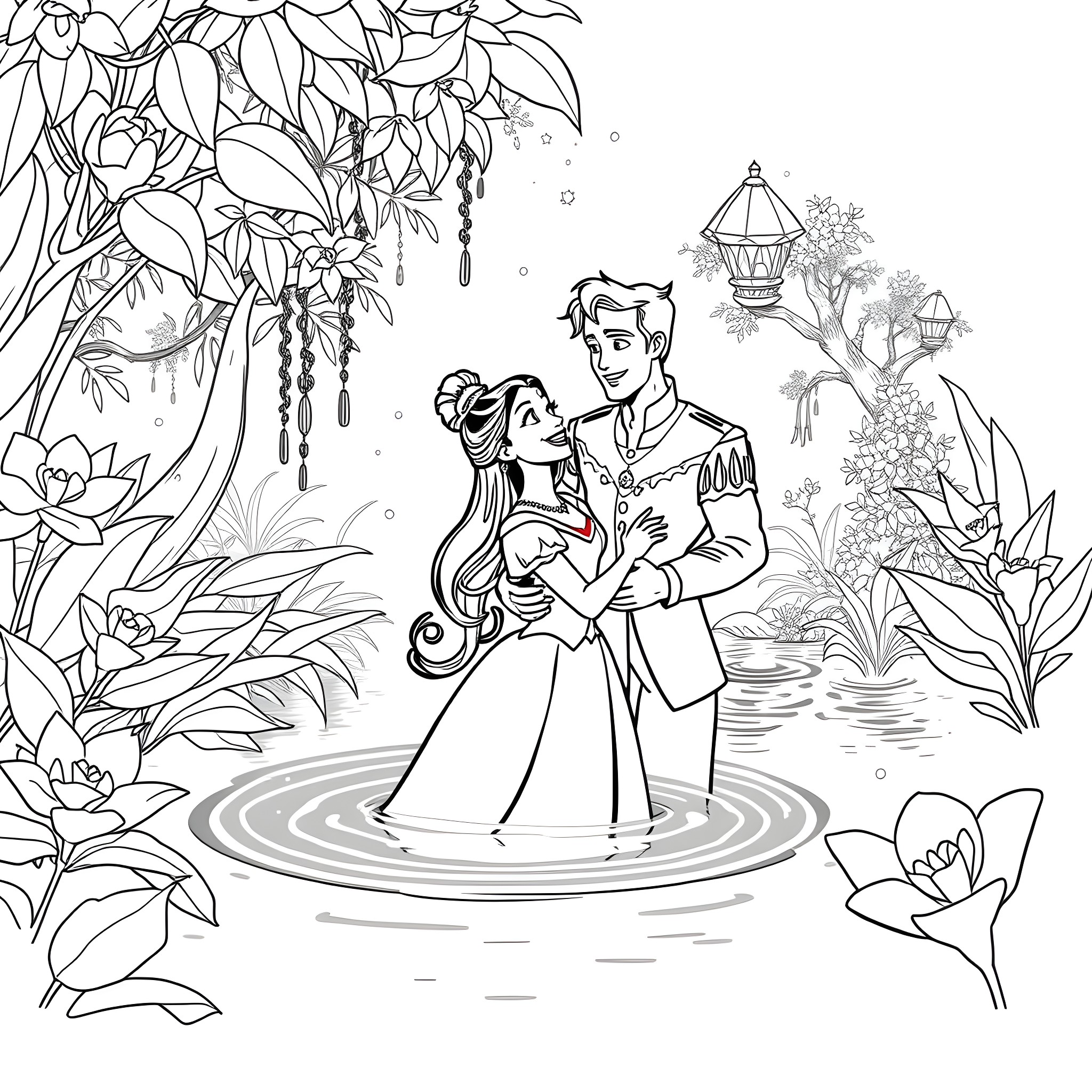 Tiana and Prince Charming's Enchanting Dance Coloring Page (free black-and-white line drawing printable PDF for all, from beginners to advanced learners, including children, teens, adults, and seniors)