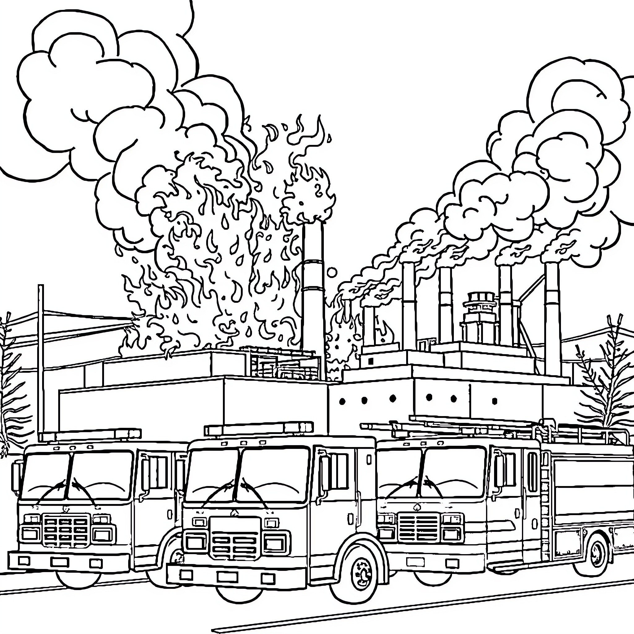 Fire Truck Responding to Industrial Fire Emergency Coloring Page (free black-and-white line drawing printable PDF for all, from beginners to advanced learners, including children, teens, adults, and seniors)