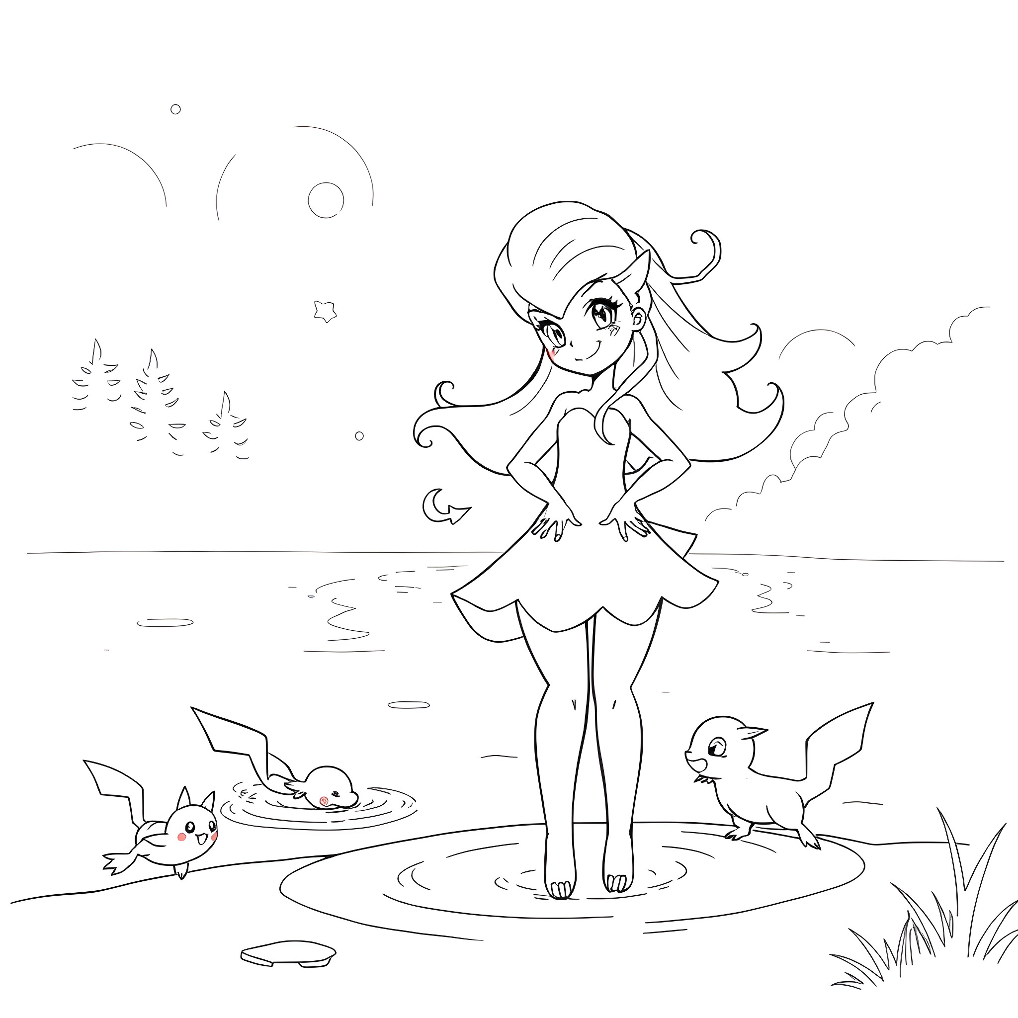 Misty fairy dancing in the moonlit pond Coloring Page (free black-and-white line drawing printable PDF for all, from beginners to advanced learners, including children, teens, adults, and seniors)