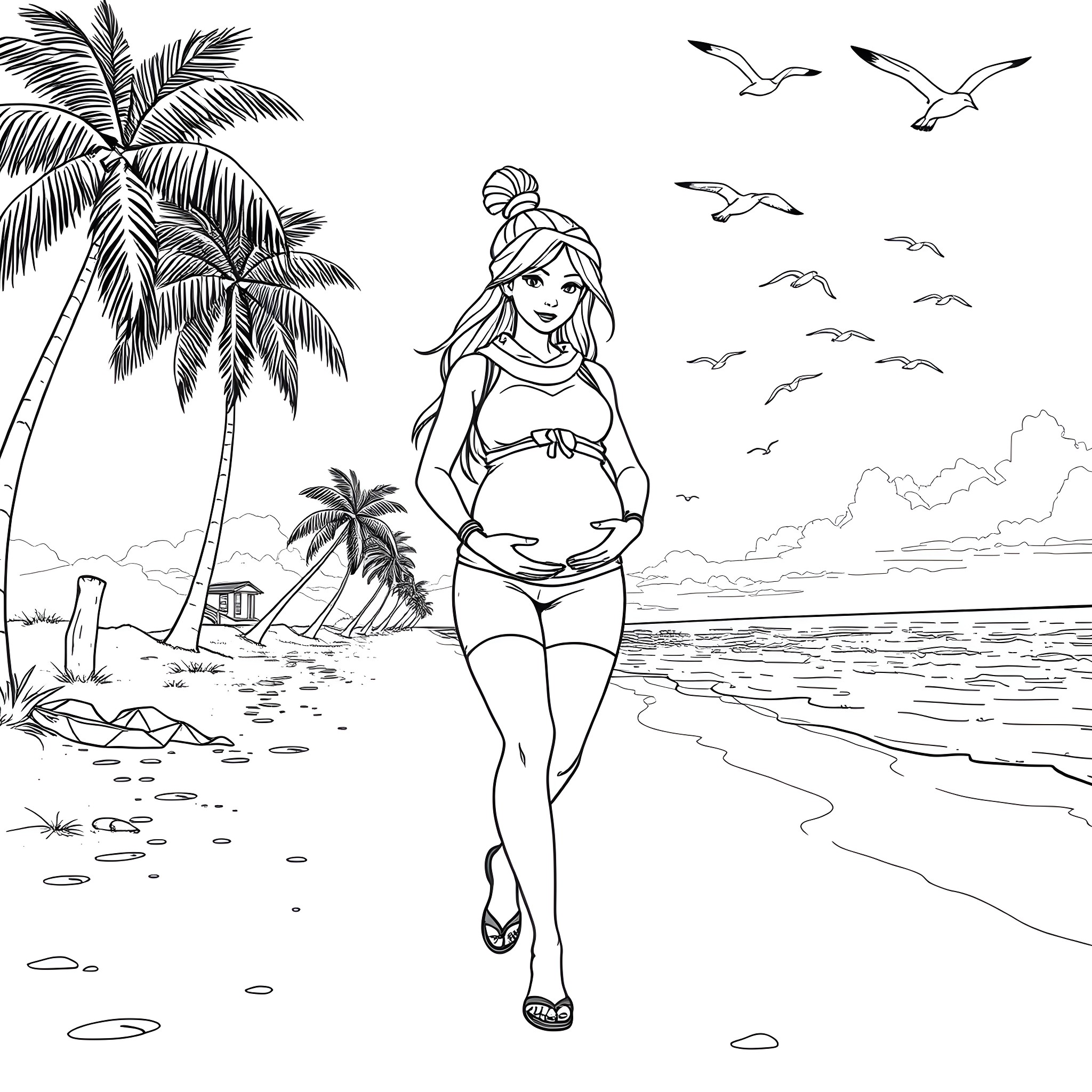 Fortnite character on a tropical beach Coloring Page (free black-and-white line drawing printable PDF for all, from beginners to advanced learners, including children, teens, adults, and seniors)