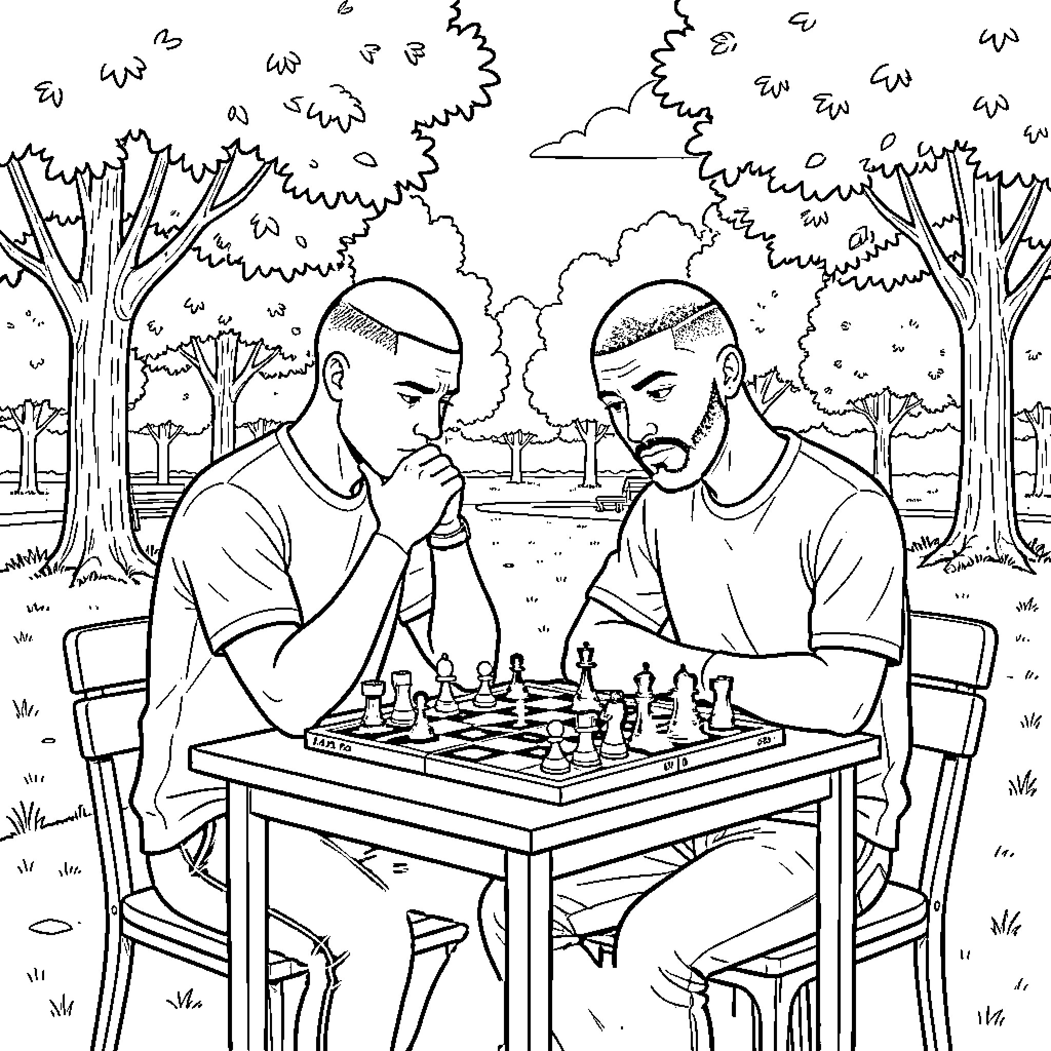 Mbappe playing a focused game of chess outdoors Coloring Page (free black-and-white line drawing printable PDF for all, from beginners to advanced learners, including children, teens, adults, and seniors)