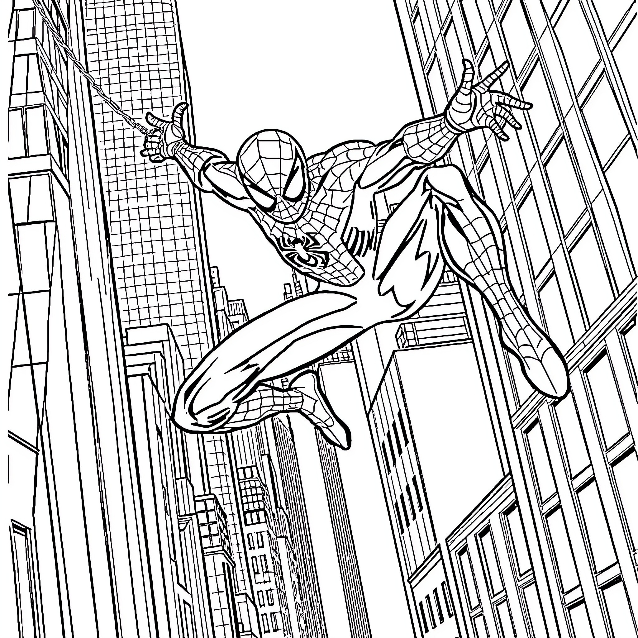 Spider-Man swinging through the city skyline Coloring Page (free black-and-white line drawing printable PDF for all, from beginners to advanced learners, including children, teens, adults, and seniors)
