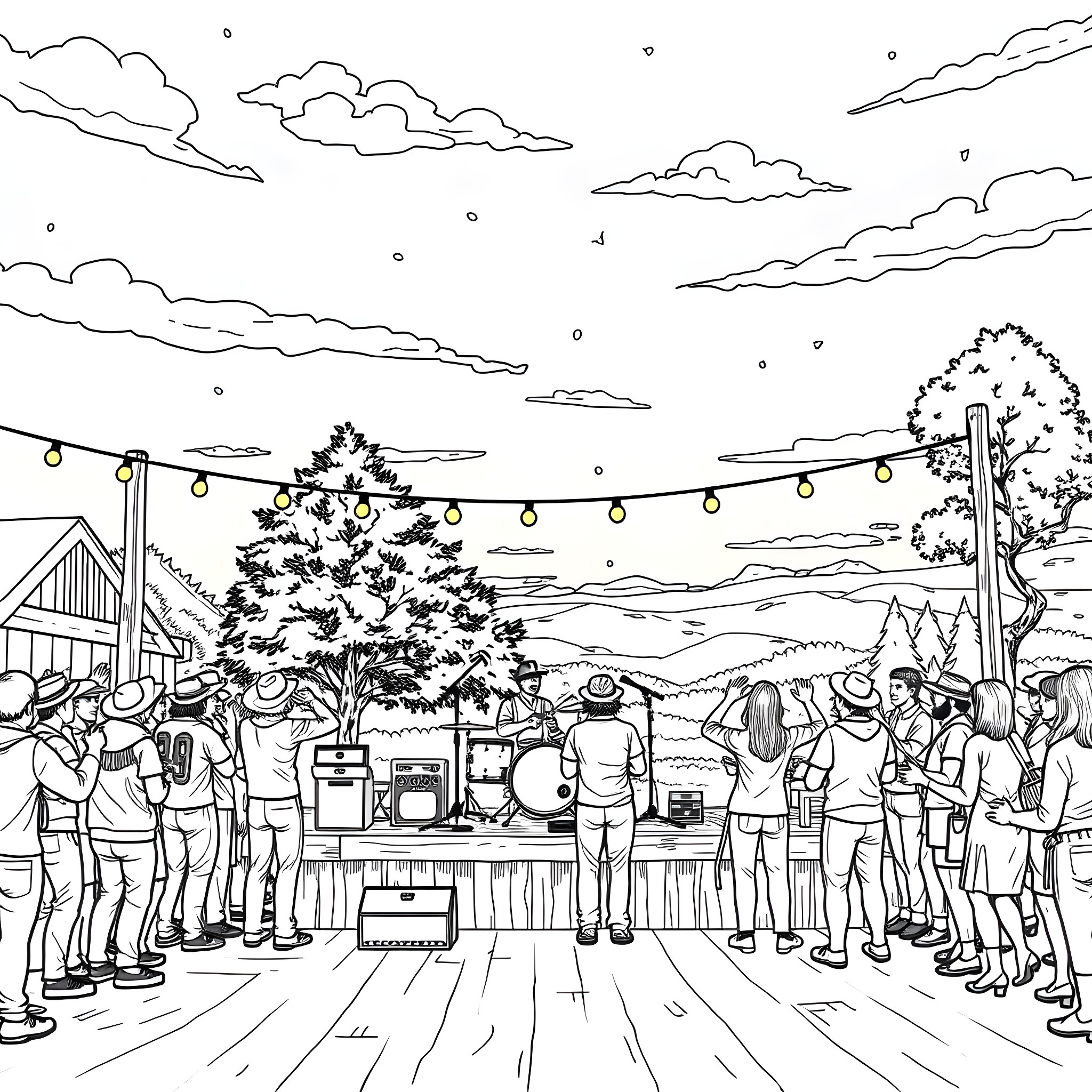 Band performing at an outdoor concert scene Coloring Page (free black-and-white line drawing printable PDF for all, from beginners to advanced learners, including children, teens, adults, and seniors)