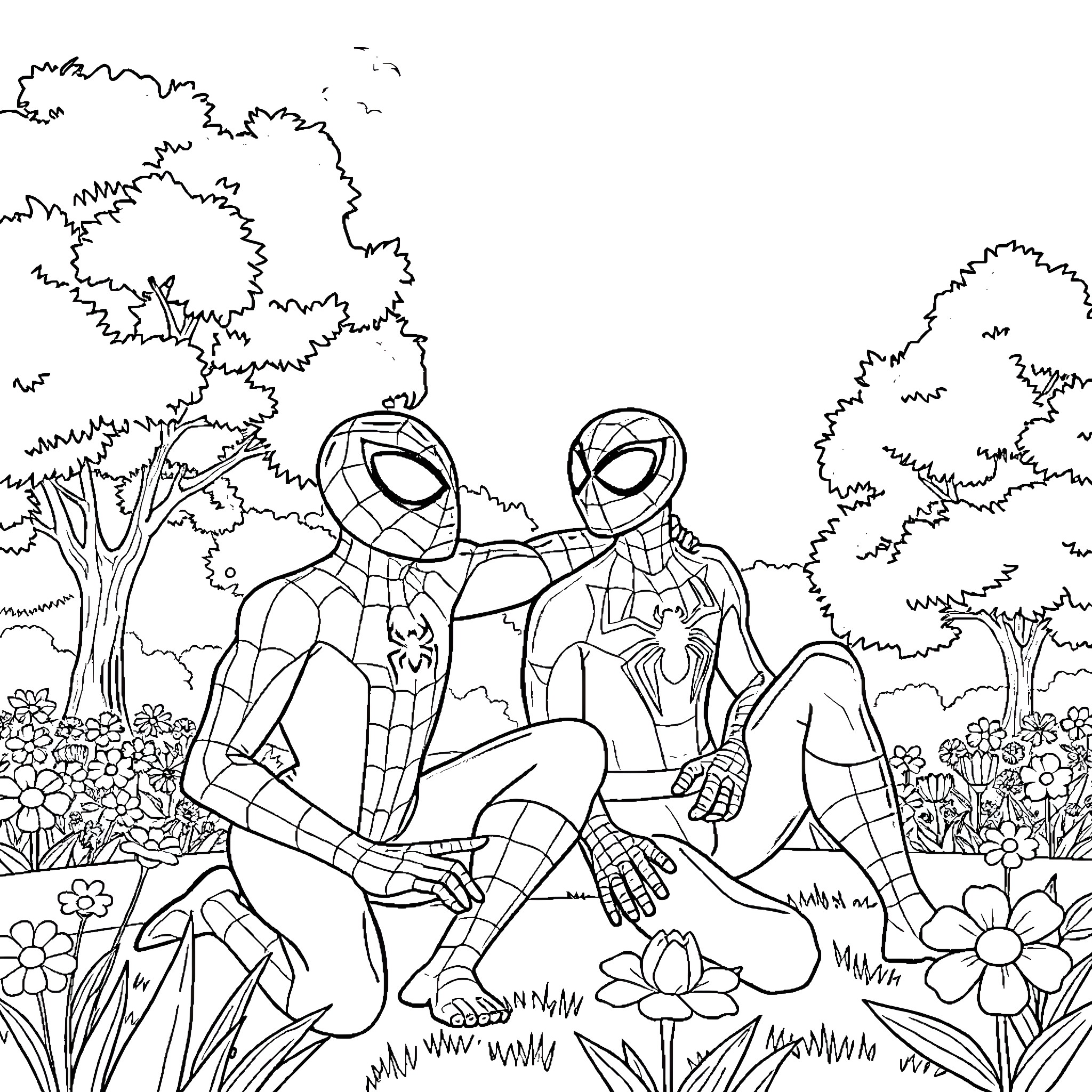Spider-Man heroes in a nature scene Coloring Page (free black-and-white line drawing printable PDF for all, from beginners to advanced learners, including children, teens, adults, and seniors)