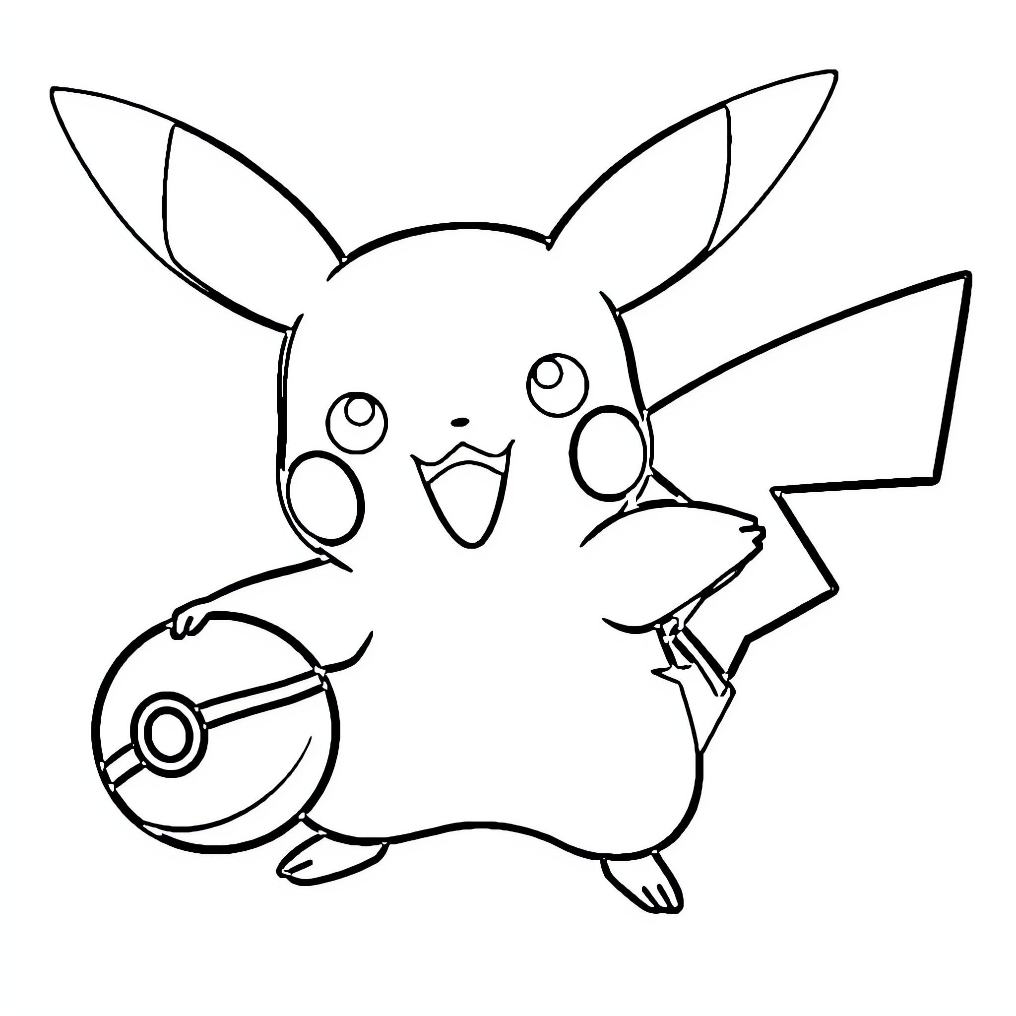 Pikachu with Pokeball in Playful Pose Coloring Page (free black-and-white line drawing printable PDF for all, from beginners to advanced learners, including children, teens, adults, and seniors)