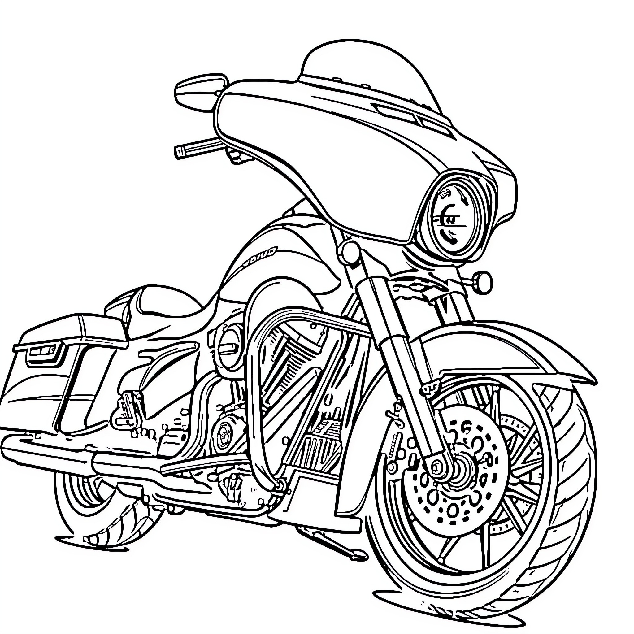 Street Glide Cruising the City Streets Coloring Page (free black-and-white line drawing printable PDF for all, from beginners to advanced learners, including children, teens, adults, and seniors)
