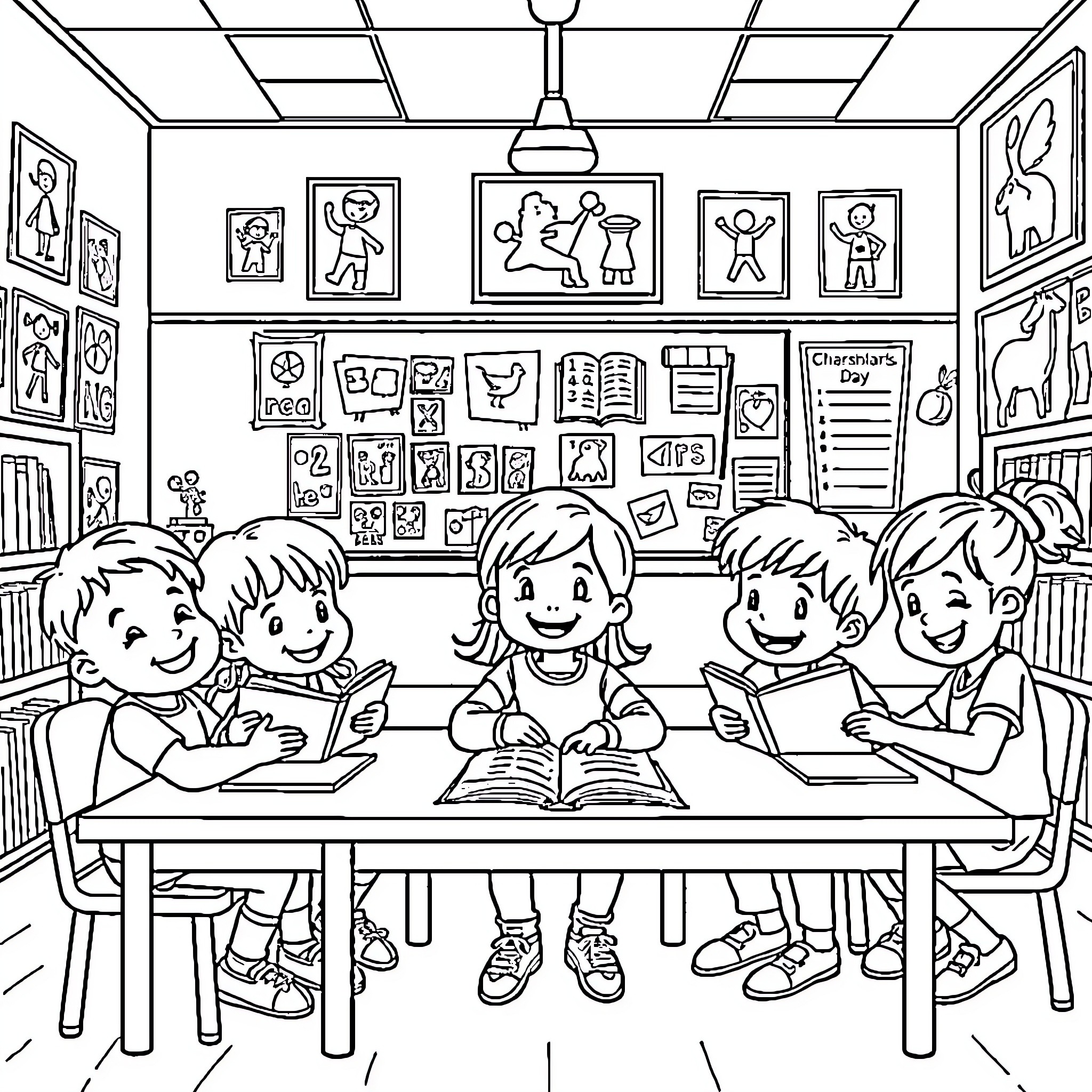 Kid Group Studying Together in Classroom Coloring Page (free black-and-white line drawing printable PDF for all, from beginners to advanced learners, including children, teens, adults, and seniors)