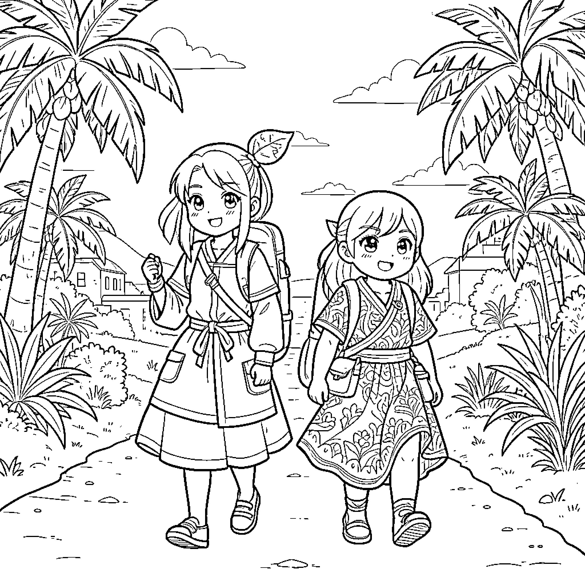 Mitsuri Kanroji walking through a tropical palm tree landscape Coloring Page (free black-and-white line drawing printable PDF for all, from beginners to advanced learners, including children, teens, adults, and seniors)
