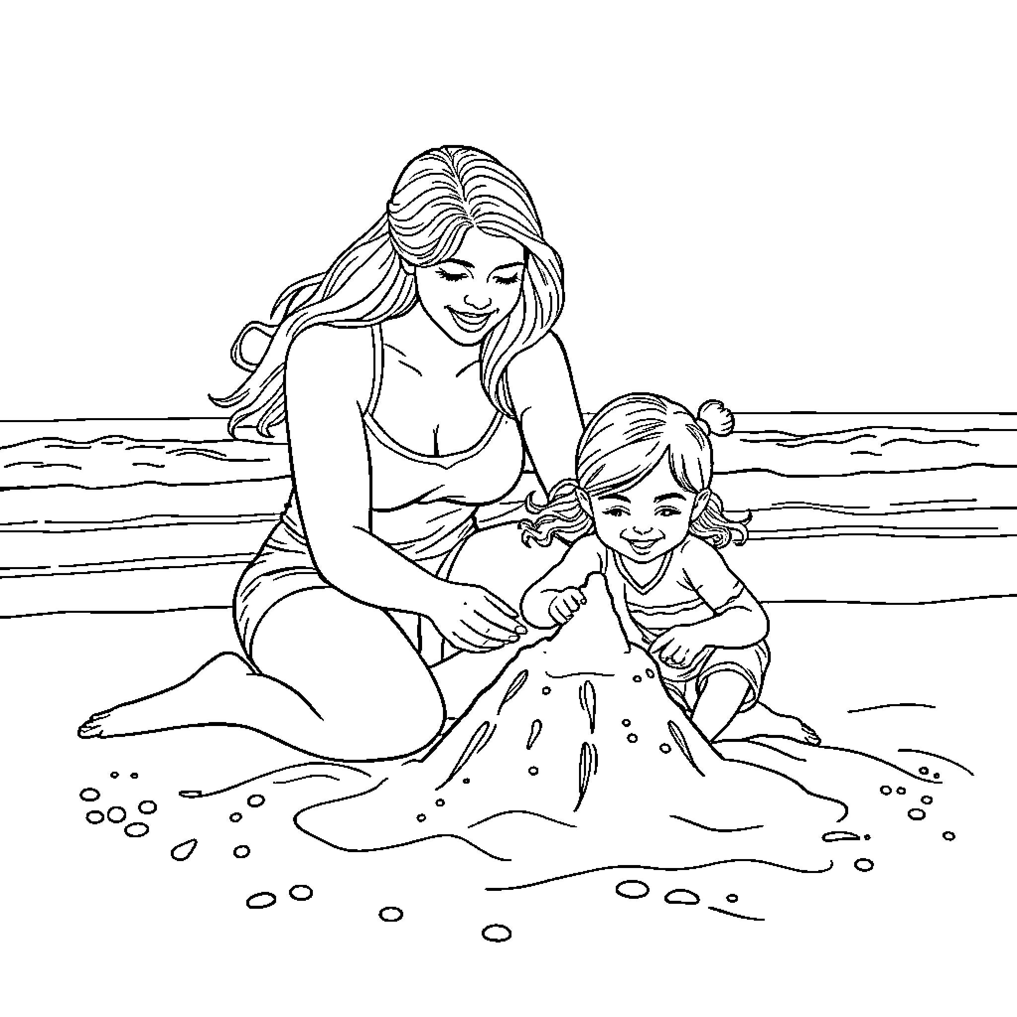 Mother and child playing in the sand Coloring Page (free black-and-white line drawing printable PDF for all, from beginners to advanced learners, including children, teens, adults, and seniors)