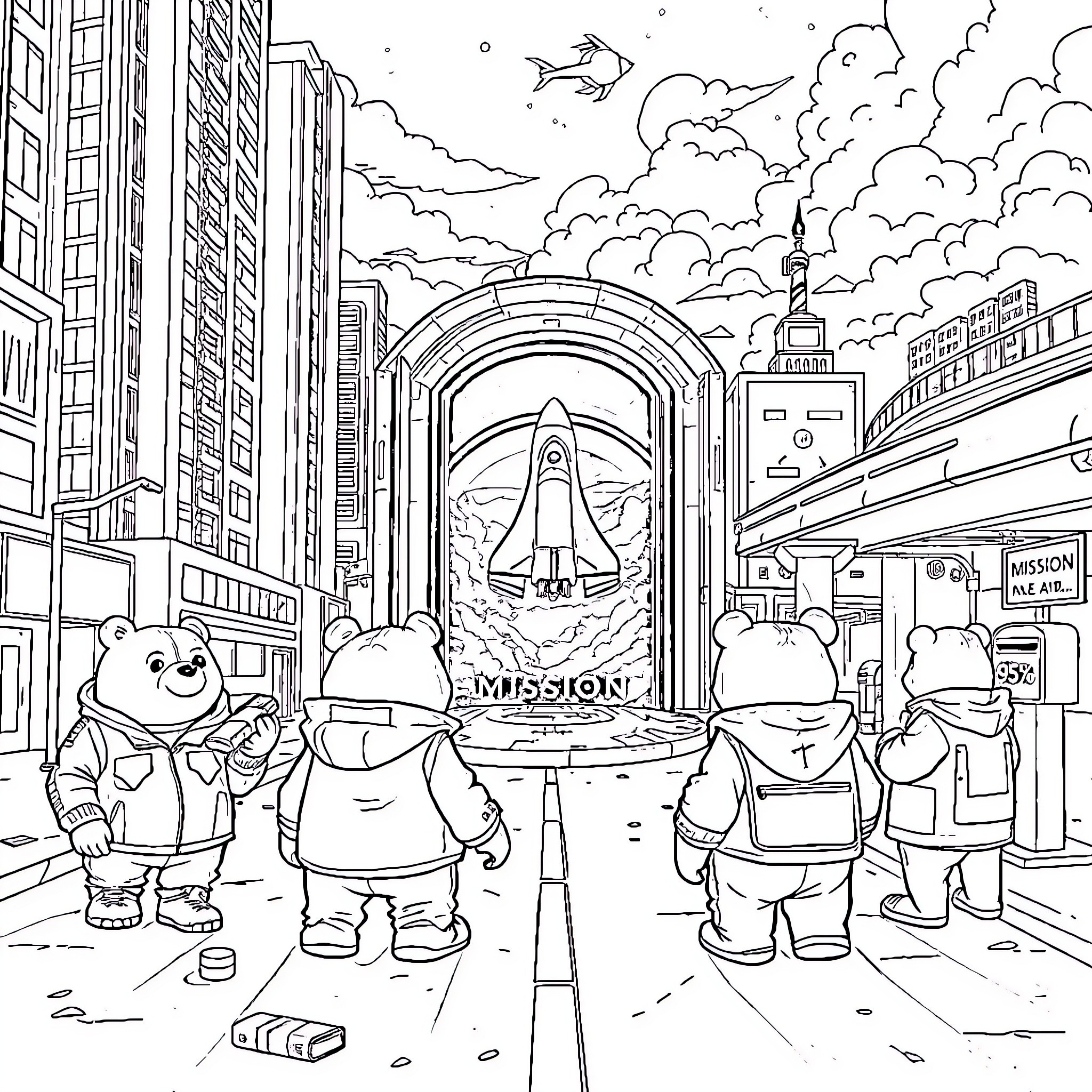 Bear characters exploring a futuristic city landscape Coloring Page (free black-and-white line drawing printable PDF for all, from beginners to advanced learners, including children, teens, adults, and seniors)
