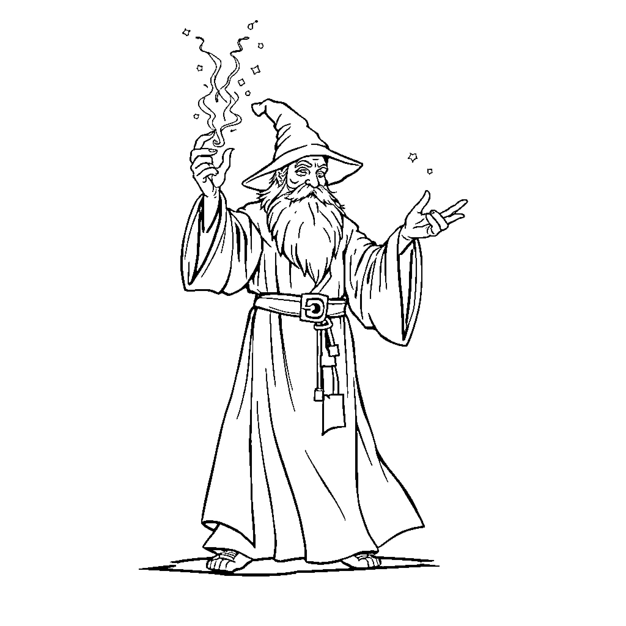 Wizard casting a spell with a staff Coloring Page (free black-and-white line drawing printable PDF for all, from beginners to advanced learners, including children, teens, adults, and seniors)