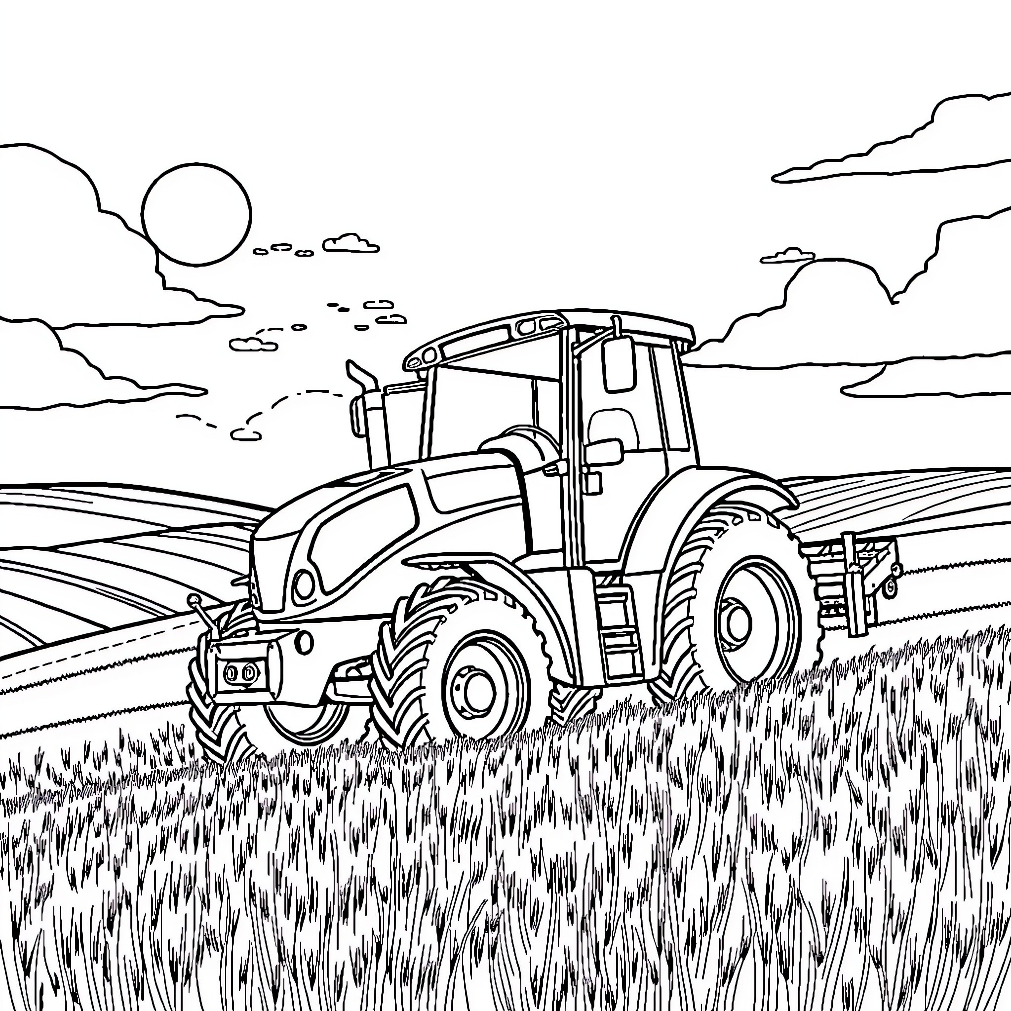 Tractor plowing the field under a cloudy sky Coloring Page (free black-and-white line drawing printable PDF for all, from beginners to advanced learners, including children, teens, adults, and seniors)