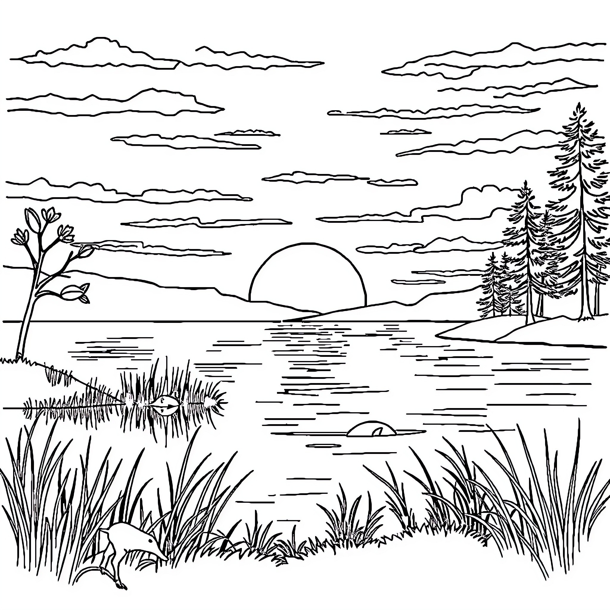 Photo of a peaceful landscape with a sunset over a lake Coloring Page (free black-and-white line drawing printable PDF for all, from beginners to advanced learners, including children, teens, adults, and seniors)