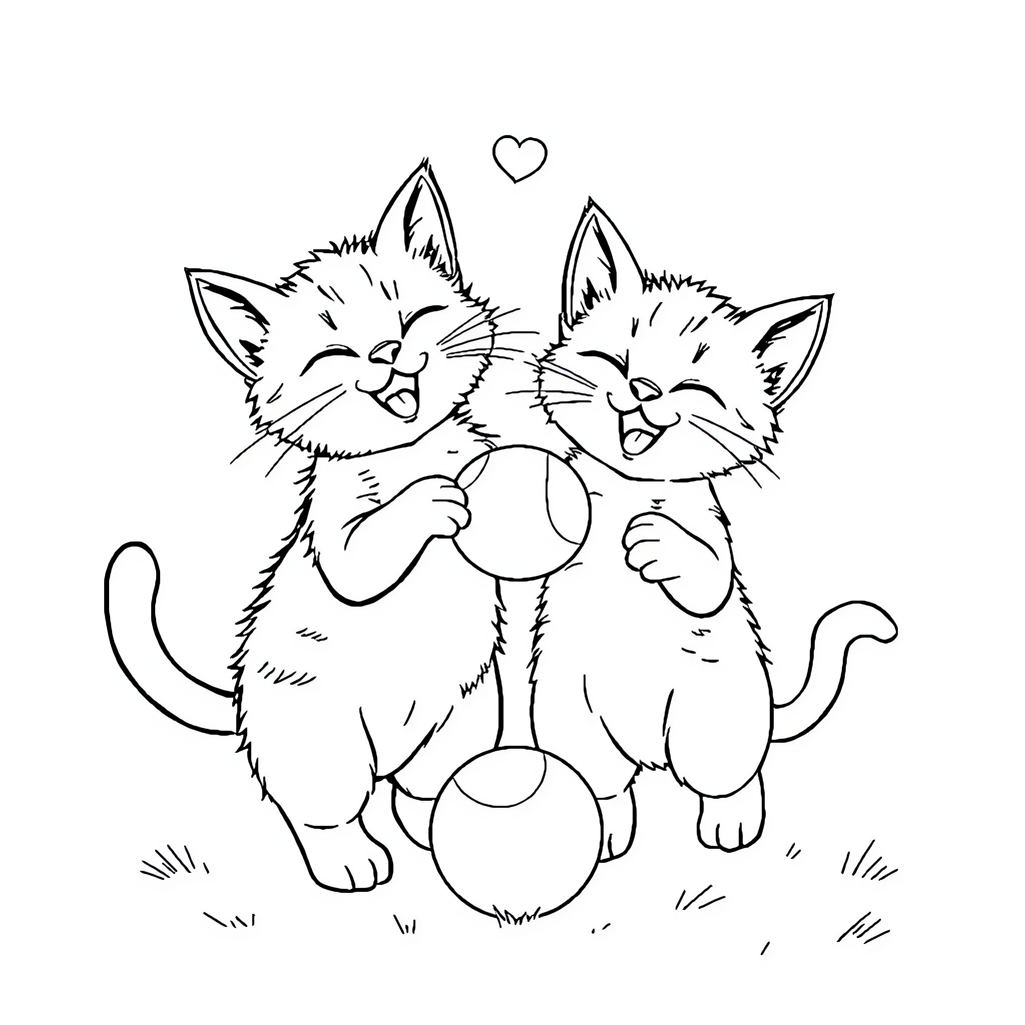 Kittens playing joyfully with ball Coloring Page (free black-and-white line drawing printable PDF for all, from beginners to advanced learners, including children, teens, adults, and seniors)
