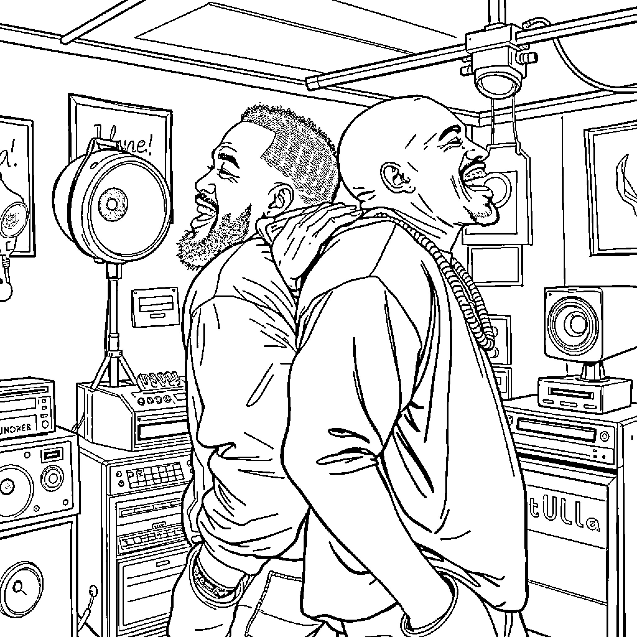 Virgil Abloh in a recording studio Coloring Page (free black-and-white line drawing printable PDF for all, from beginners to advanced learners, including children, teens, adults, and seniors)