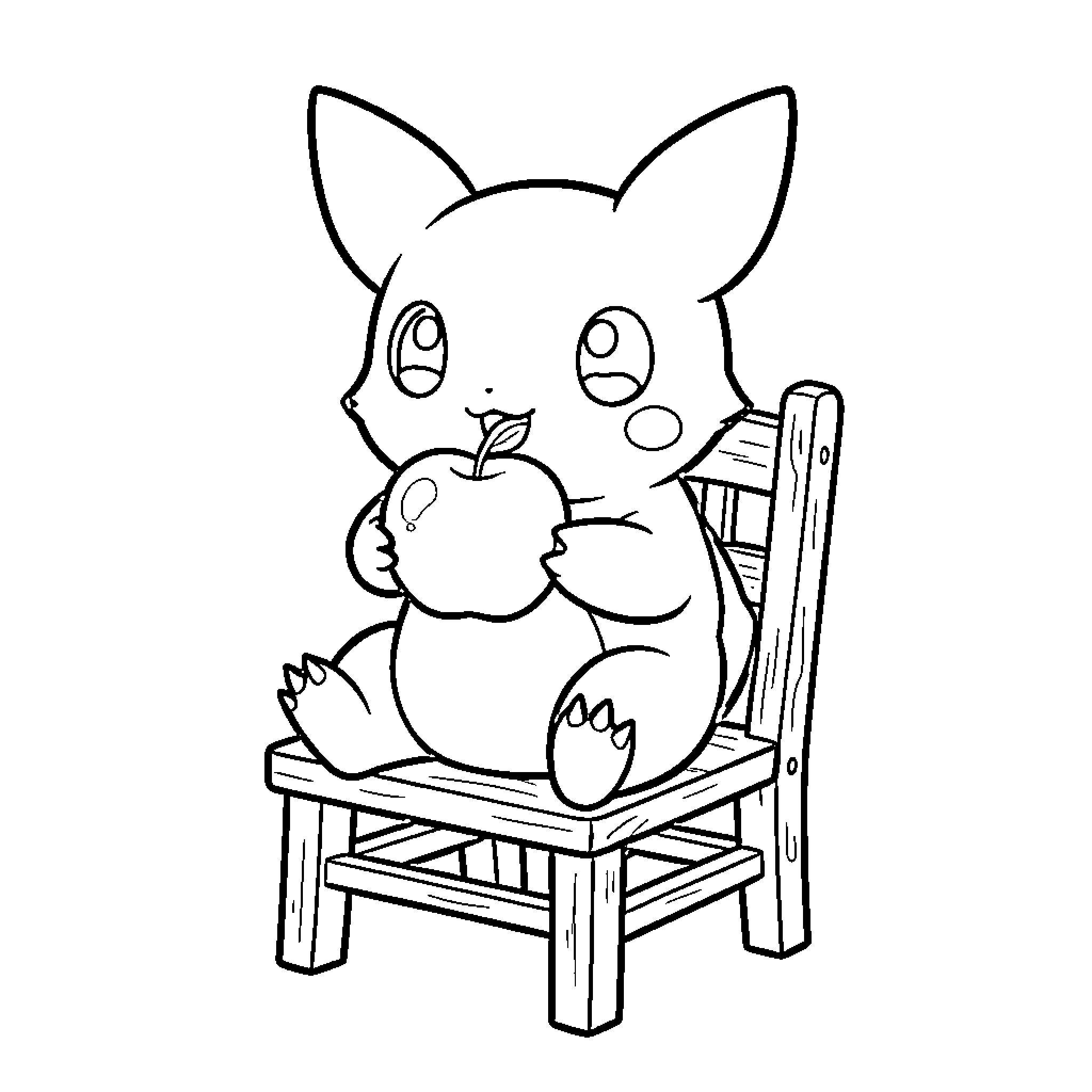 Togepi enjoying an apple on a wooden chair Coloring Page (free black-and-white line drawing printable PDF for all, from beginners to advanced learners, including children, teens, adults, and seniors)