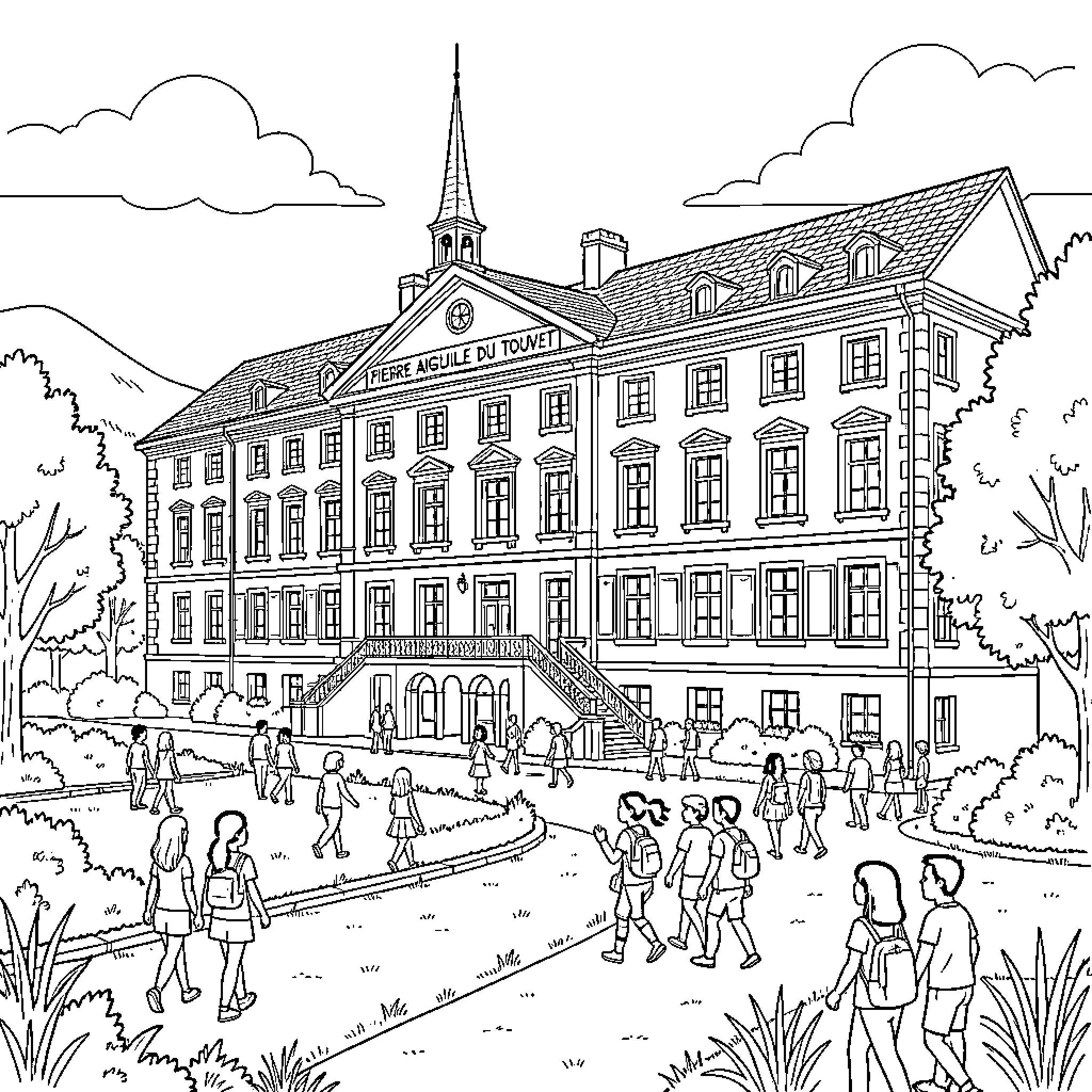 College students walking near a large school building Coloring Page (free black-and-white line drawing printable PDF for all, from beginners to advanced learners, including children, teens, adults, and seniors)
