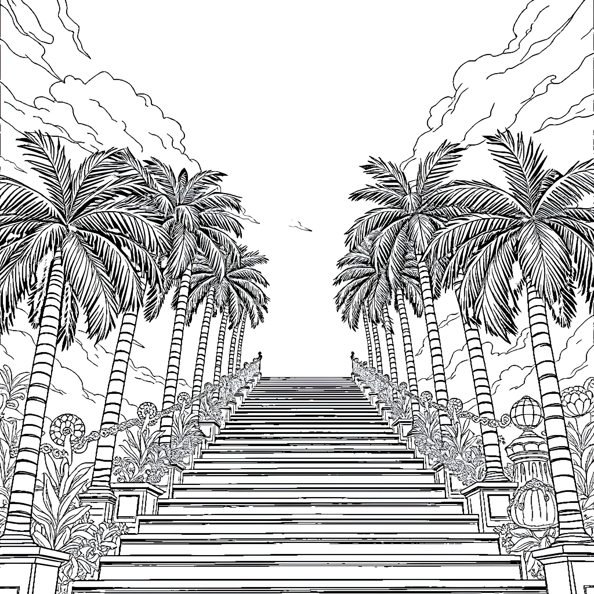 Palm Tree Stairway to Tropical Paradise Coloring Page (free black-and-white line drawing printable PDF for all, from beginners to advanced learners, including children, teens, adults, and seniors)