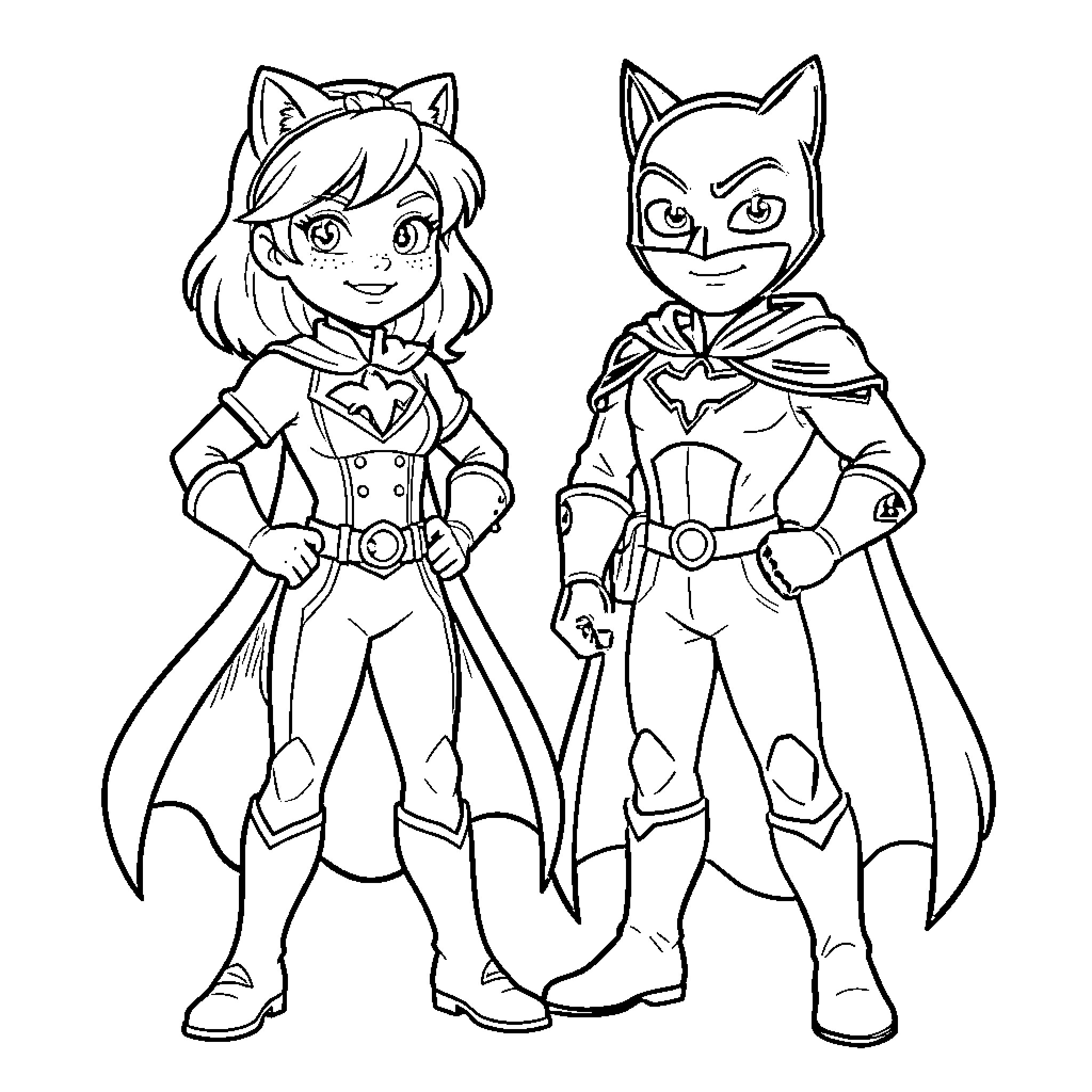 Miraculous superhero duo posing confidently in heroic costumes Coloring Page (free black-and-white line drawing printable PDF for all, from beginners to advanced learners, including children, teens, adults, and seniors)