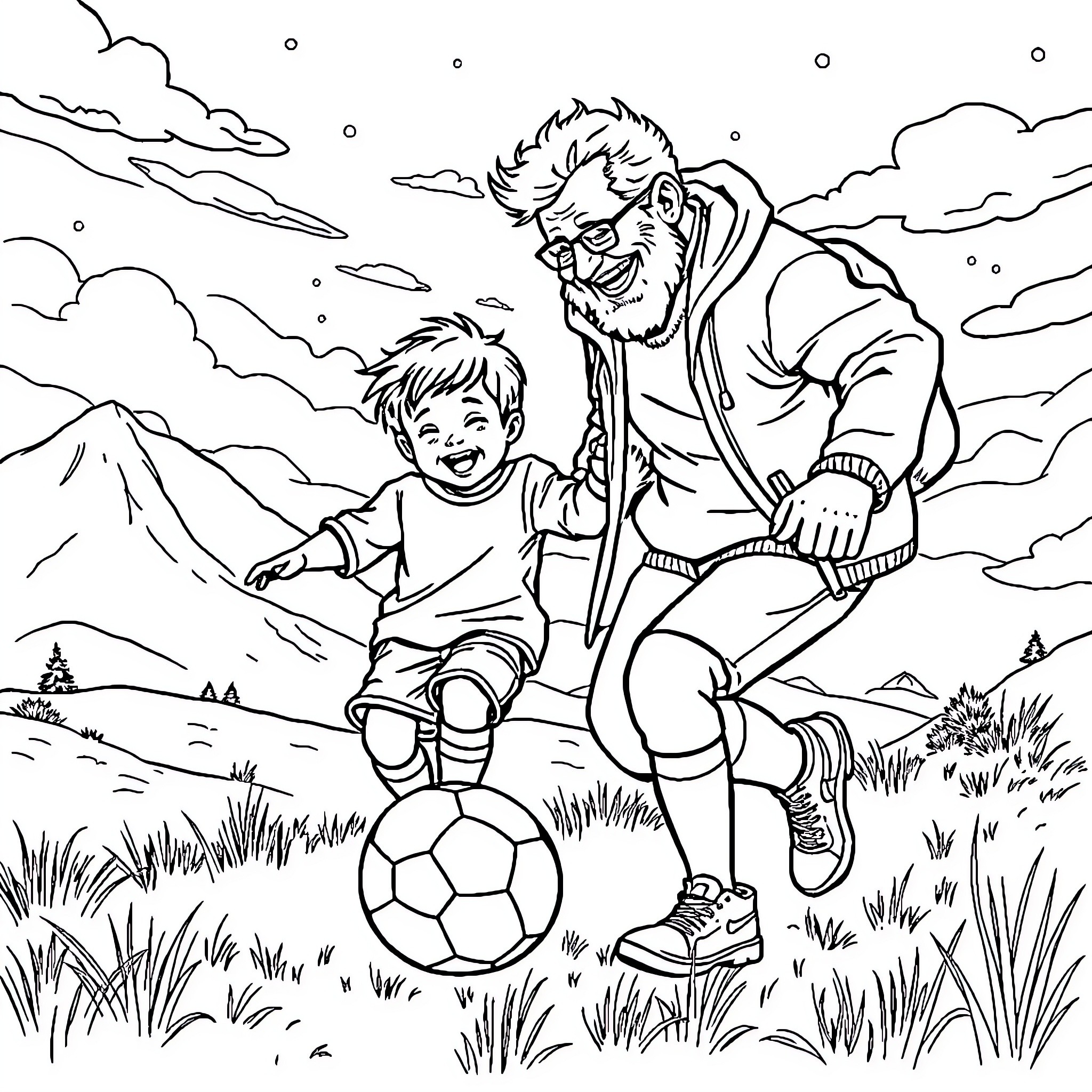 Grandfather playing soccer with grandson in snowy landscape Coloring Page (free black-and-white line drawing printable PDF for all, from beginners to advanced learners, including children, teens, adults, and seniors)