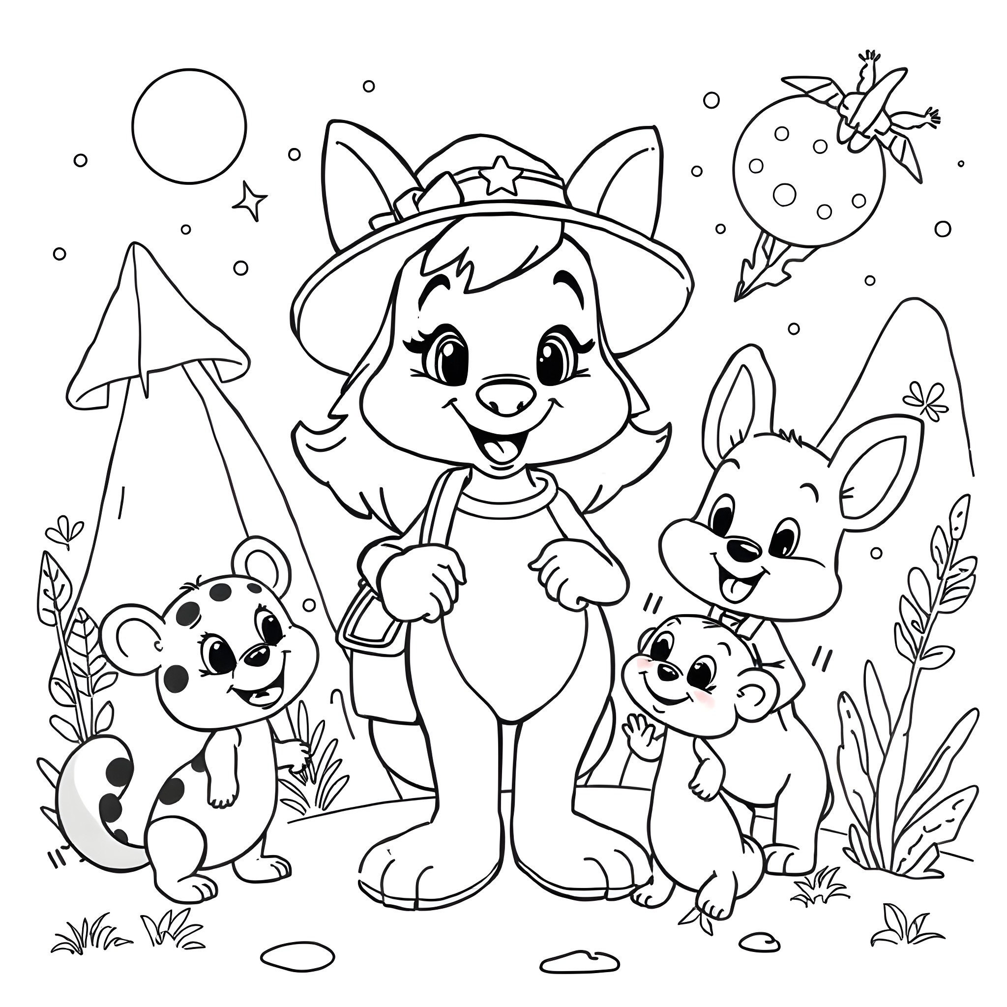 Maus Friends Exploring the Enchanted Forest Coloring Page (free black-and-white line drawing printable PDF for all, from beginners to advanced learners, including children, teens, adults, and seniors)