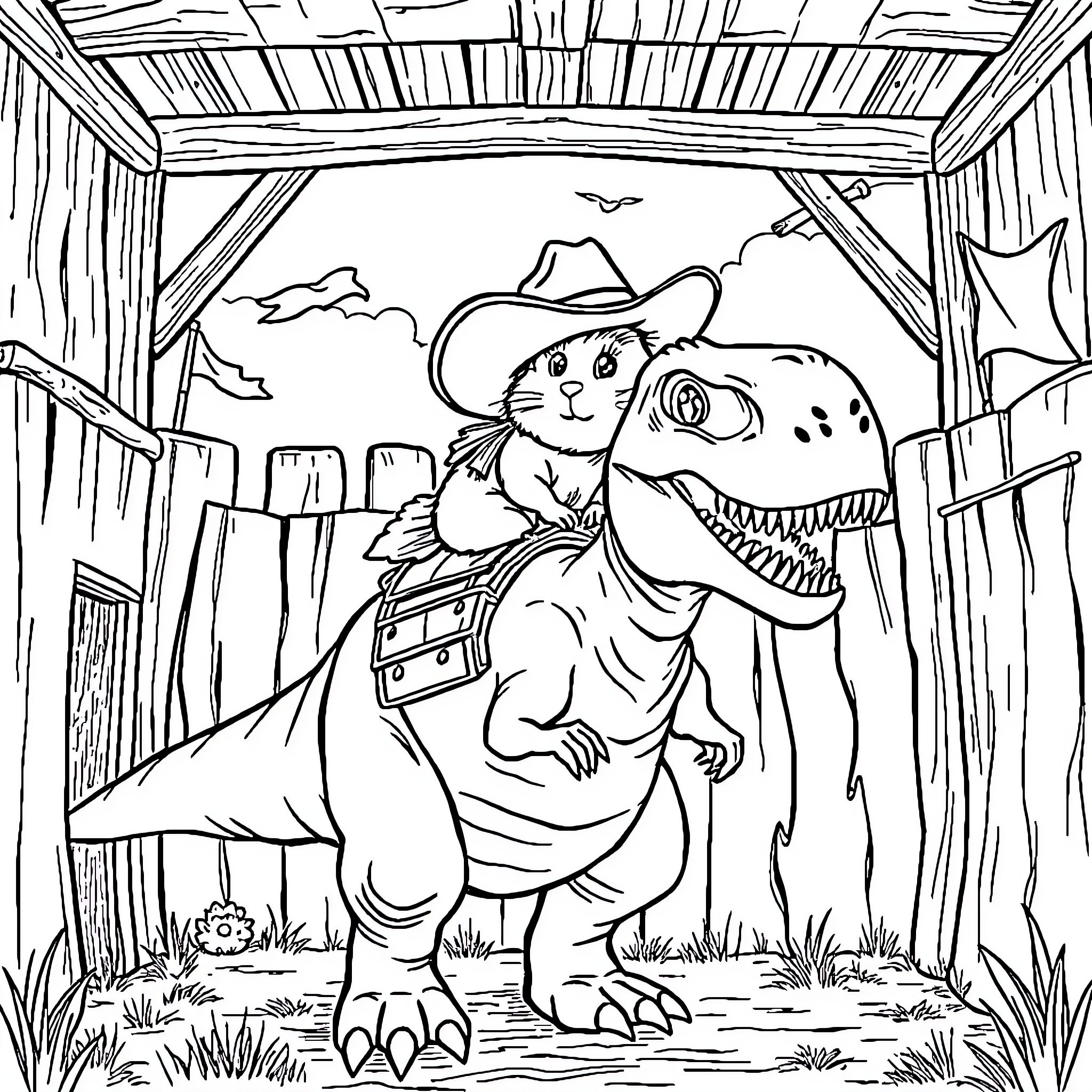 Hamster Cowboy Riding Dinosaur in the Wild Coloring Page (free black-and-white line drawing printable PDF for all, from beginners to advanced learners, including children, teens, adults, and seniors)