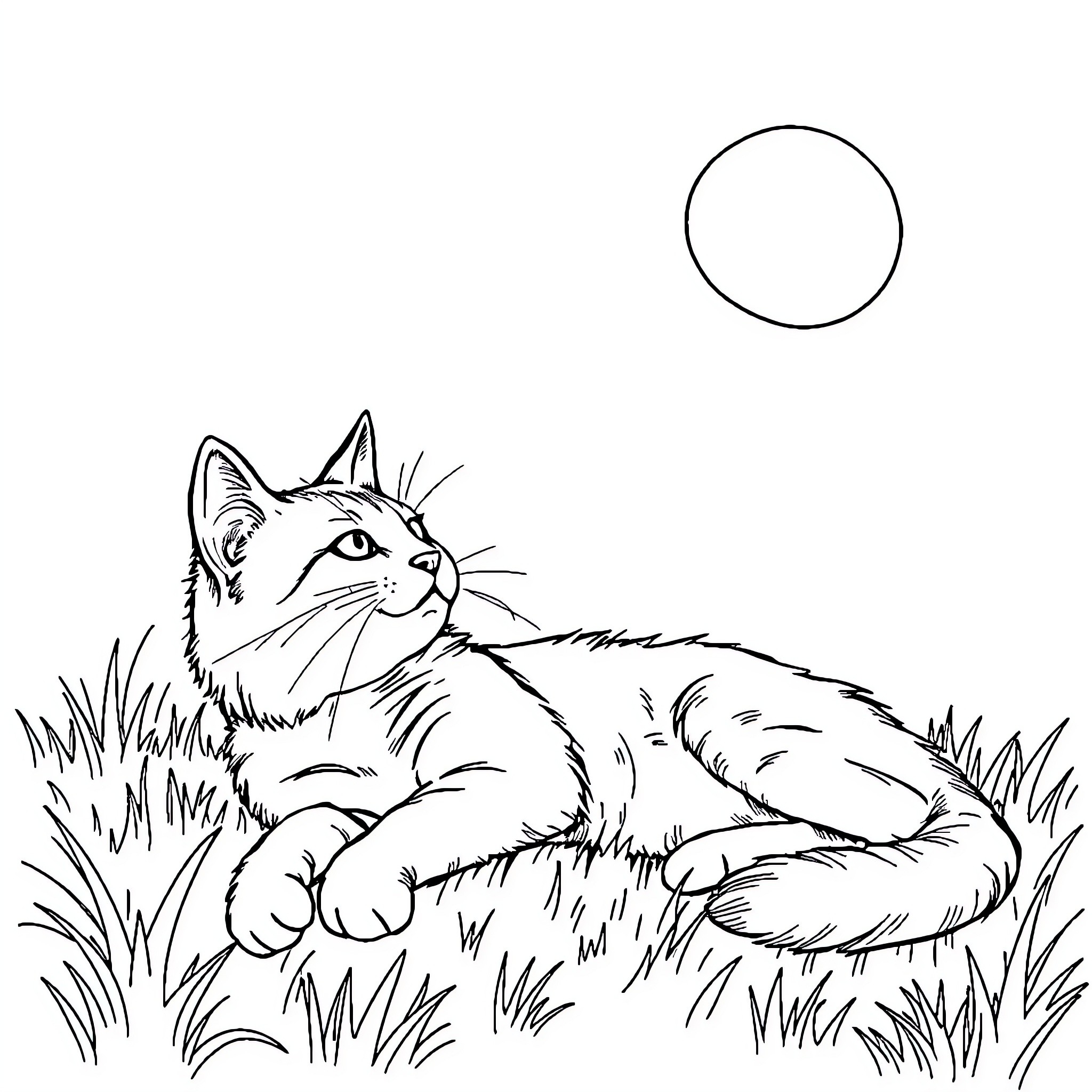 Cat lounging peacefully in the grass Coloring Page (free black-and-white line drawing printable PDF for all, from beginners to advanced learners, including children, teens, adults, and seniors)