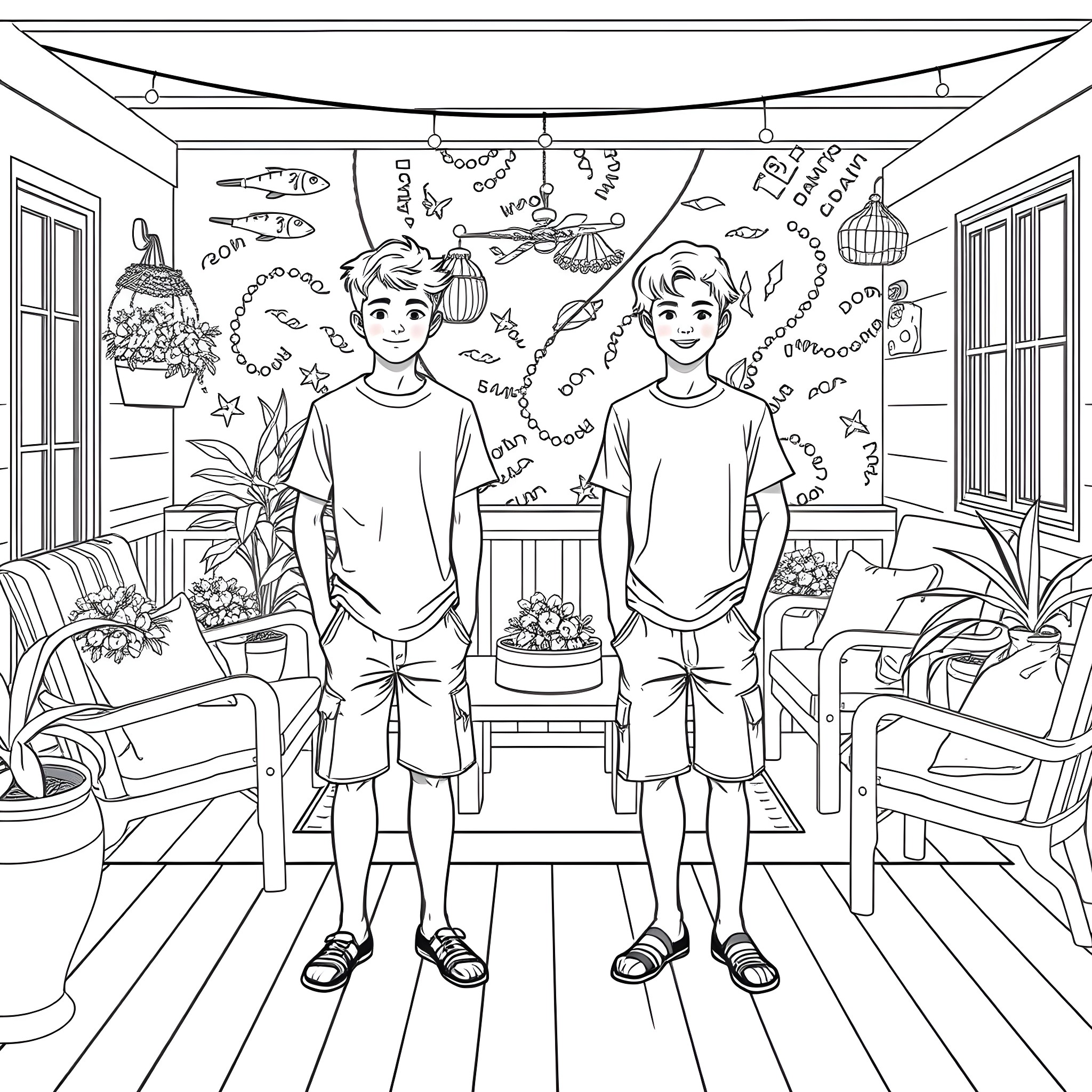Teen Guy Enjoying a Cozy Home Environment Coloring Page (free black-and-white line drawing printable PDF for all, from beginners to advanced learners, including children, teens, adults, and seniors)