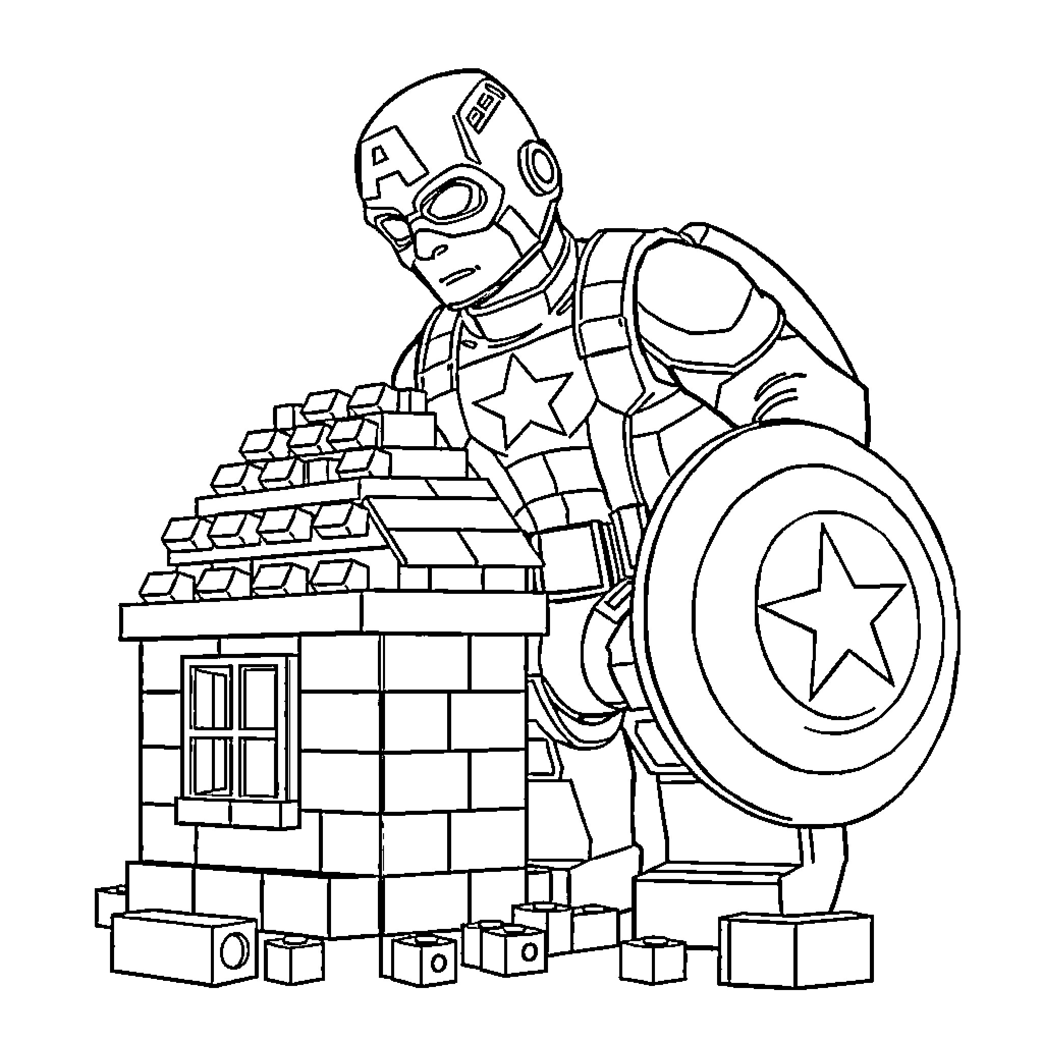 Captain America standing with shield in front of a brick structure Coloring Page (free black-and-white line drawing printable PDF for all, from beginners to advanced learners, including children, teens, adults, and seniors)