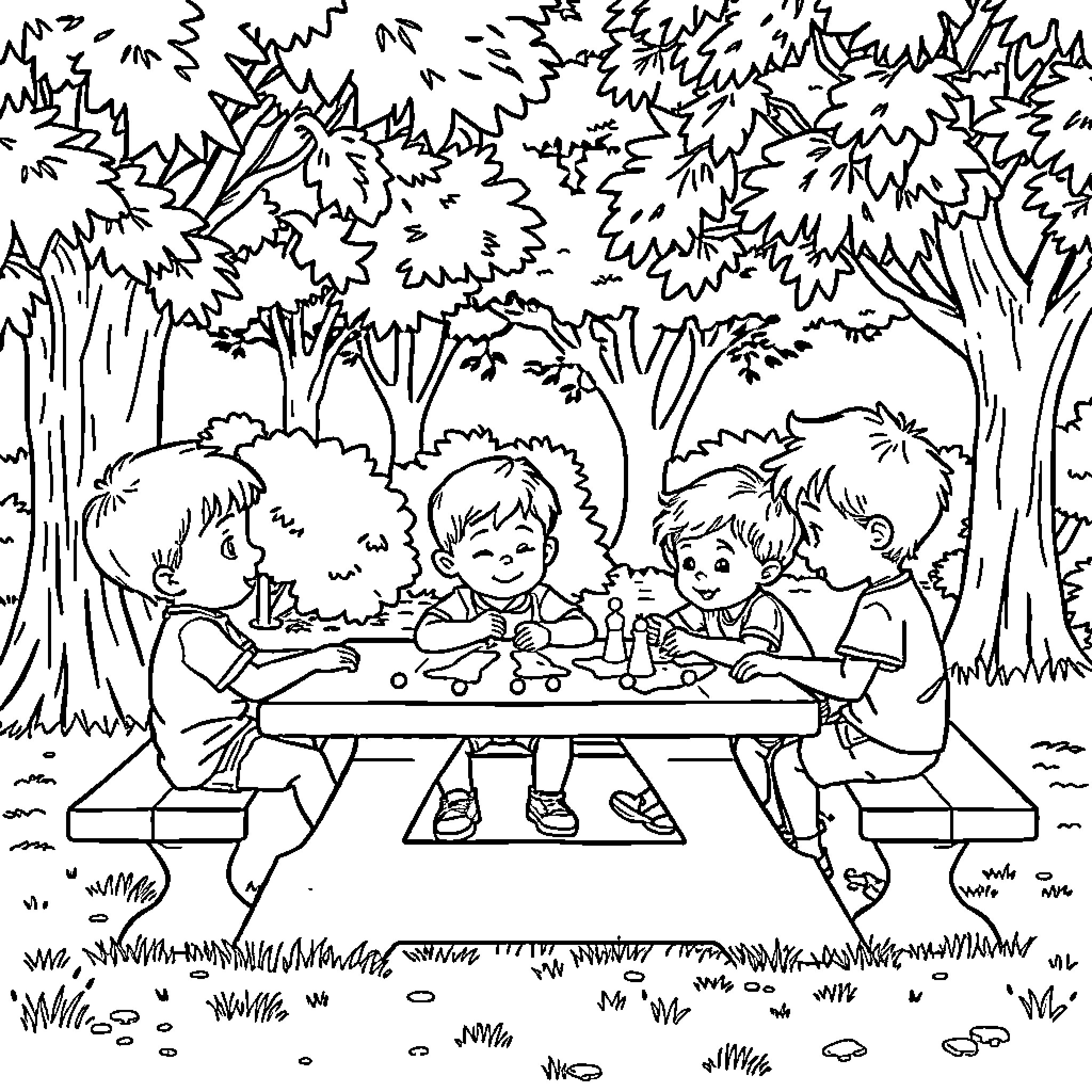 Child picnicking with friends in the forest Coloring Page (free black-and-white line drawing printable PDF for all, from beginners to advanced learners, including children, teens, adults, and seniors)