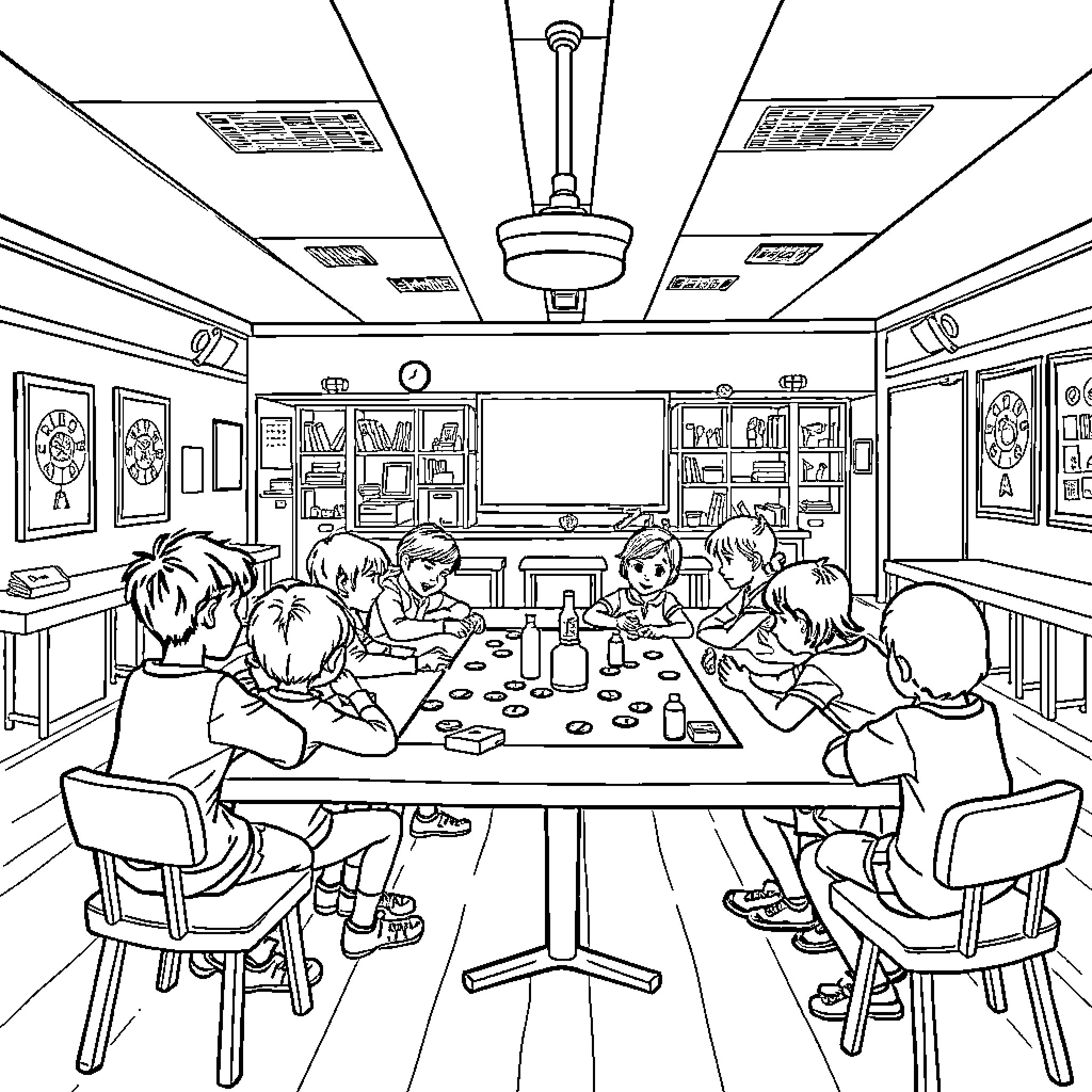 Classe Students Collaborating in the Classroom Coloring Page (free black-and-white line drawing printable PDF for all, from beginners to advanced learners, including children, teens, adults, and seniors)