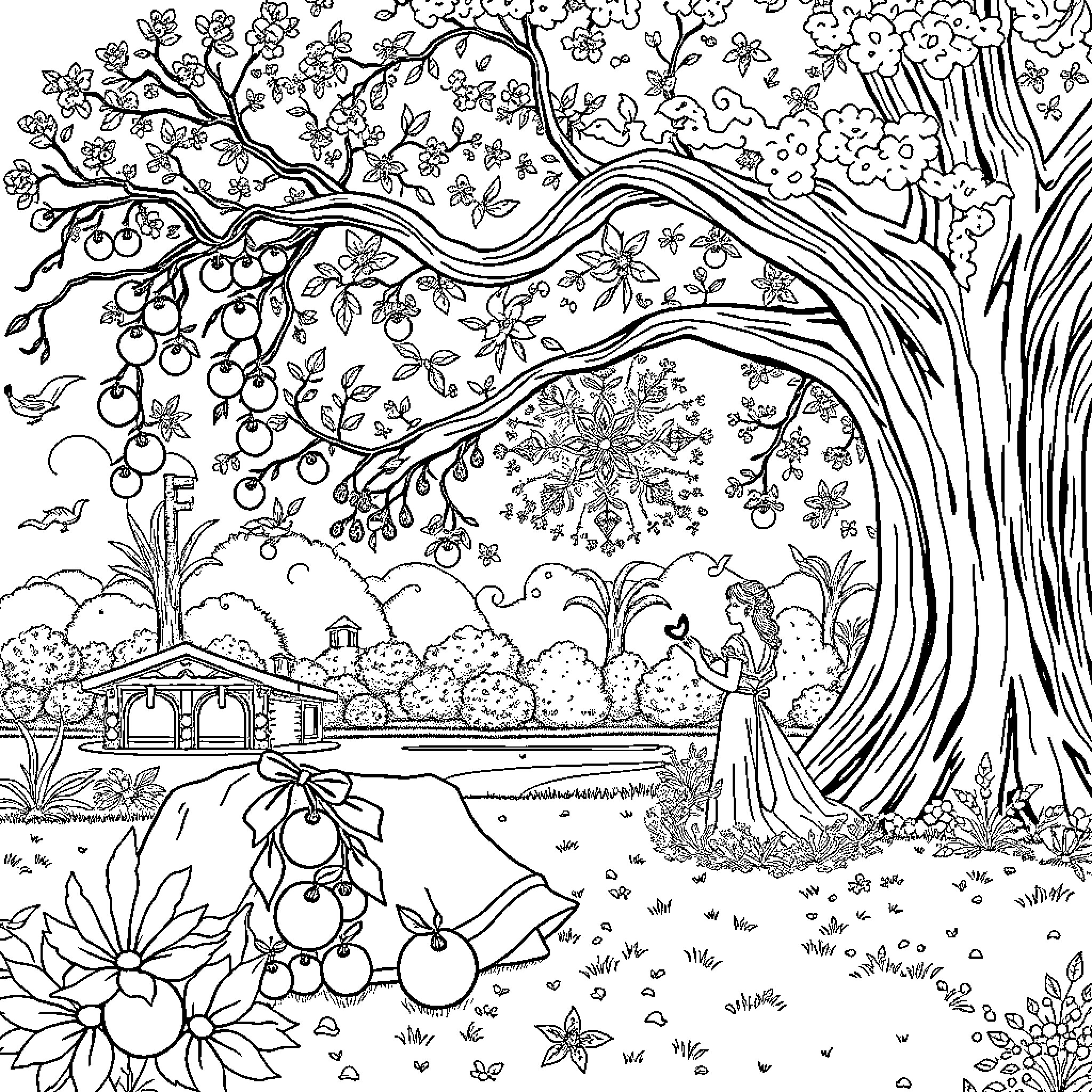 Cenicienta's Enchanted Garden Escape Coloring Page (free black-and-white line drawing printable PDF for all, from beginners to advanced learners, including children, teens, adults, and seniors)