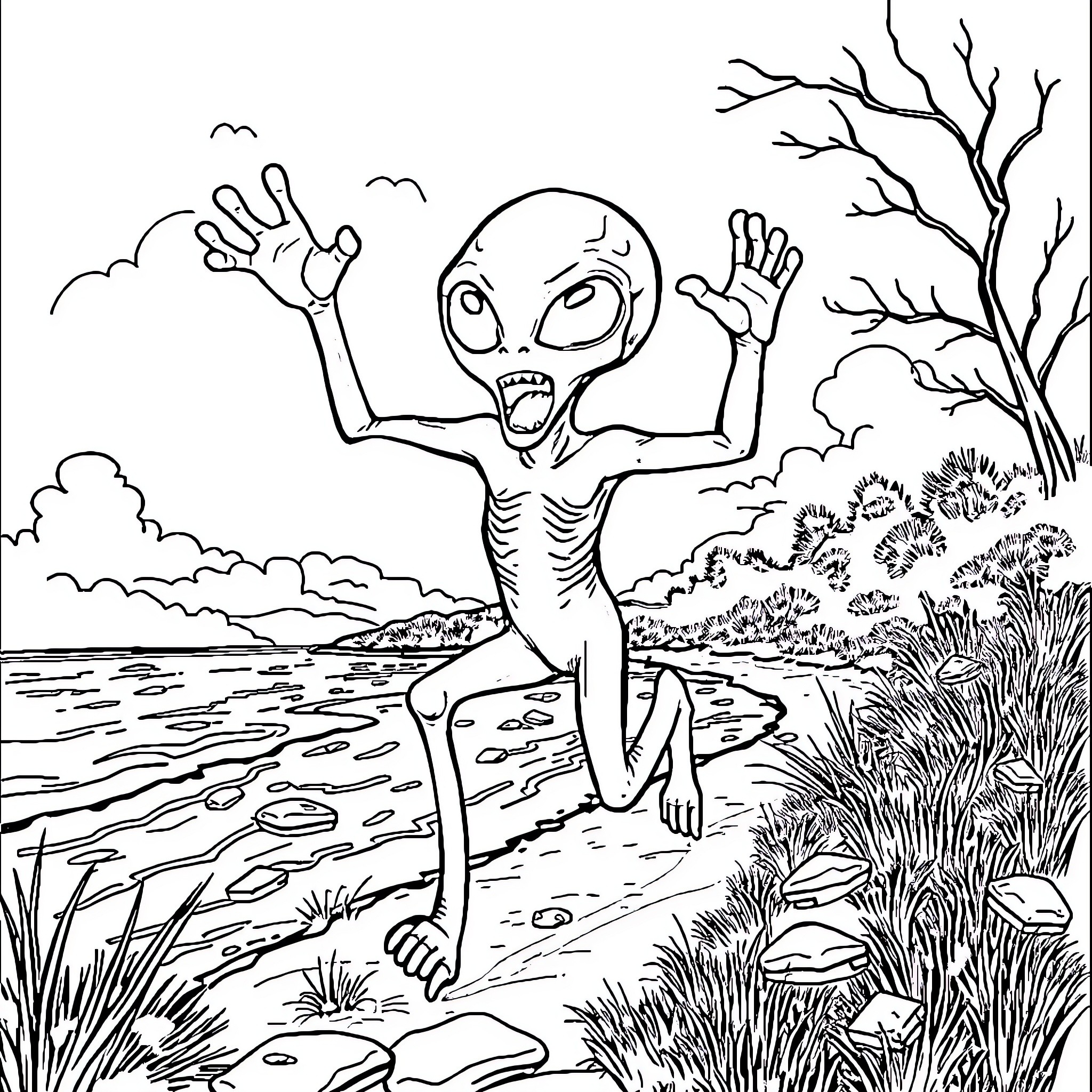 Alien creature's startled reaction in natural setting Coloring Page (free black-and-white line drawing printable PDF for all, from beginners to advanced learners, including children, teens, adults, and seniors)