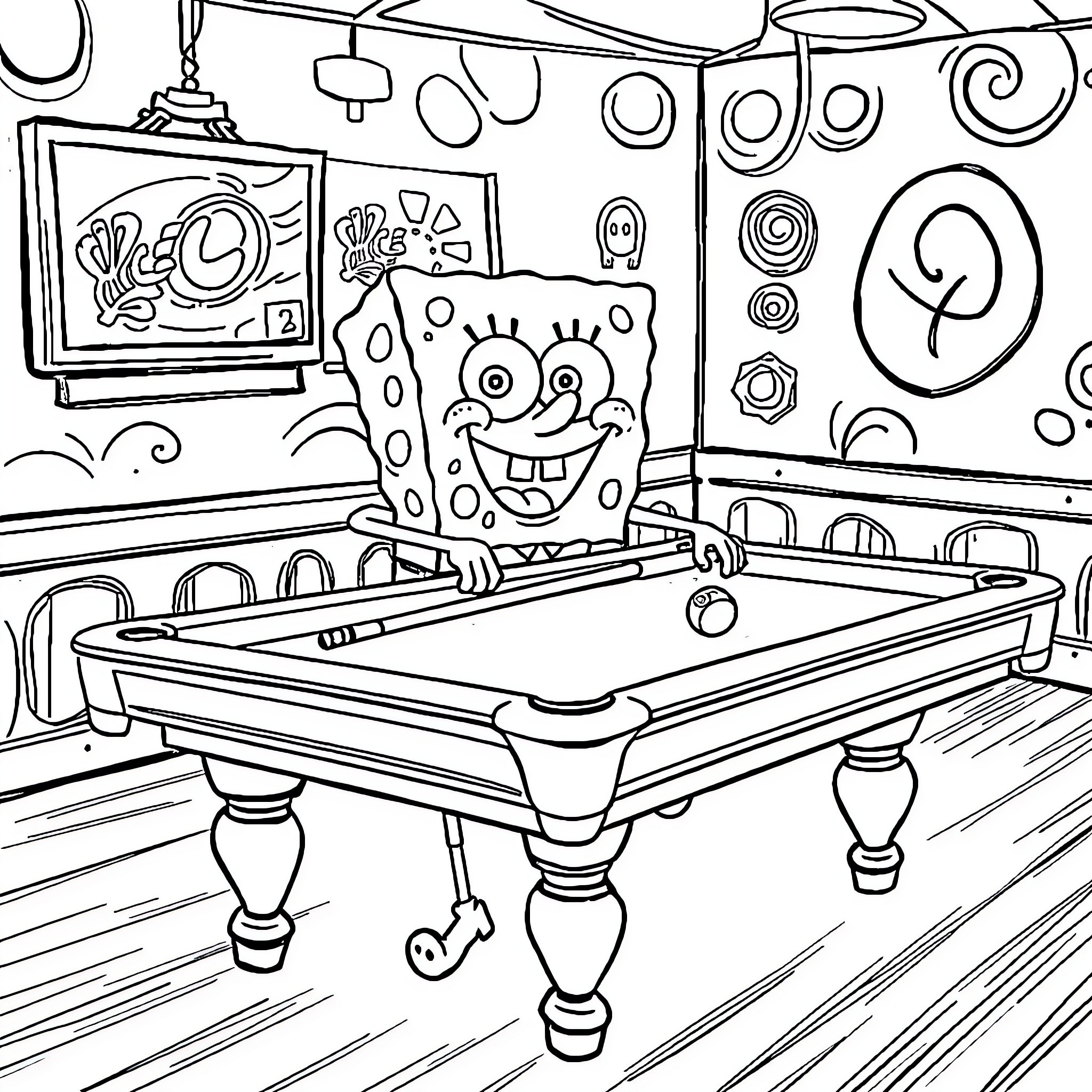 Spongebob Playing Pool in His Colorful Underwater Abode Coloring Page (free black-and-white line drawing printable PDF for all, from beginners to advanced learners, including children, teens, adults, and seniors)