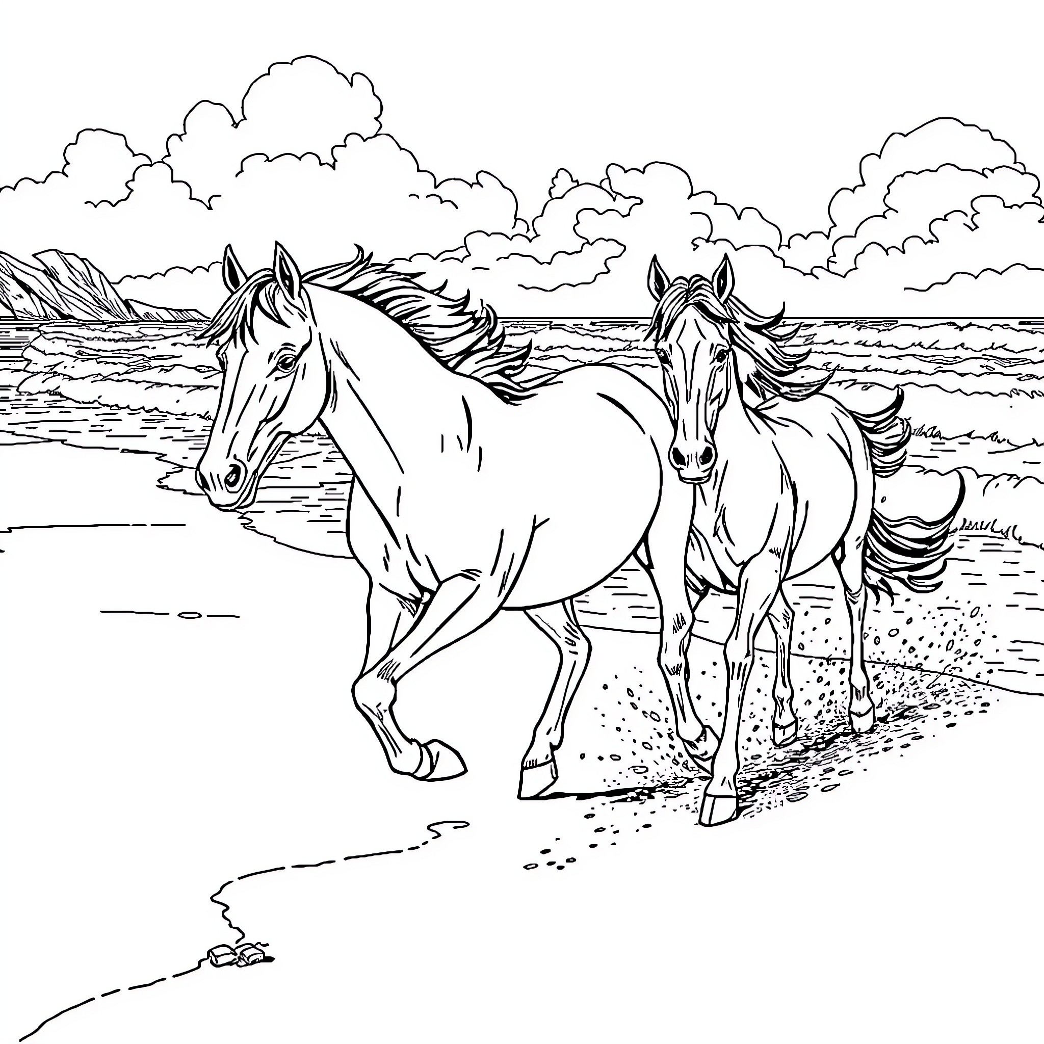 Horses galloping along the beach Coloring Page (free black-and-white line drawing printable PDF for all, from beginners to advanced learners, including children, teens, adults, and seniors)