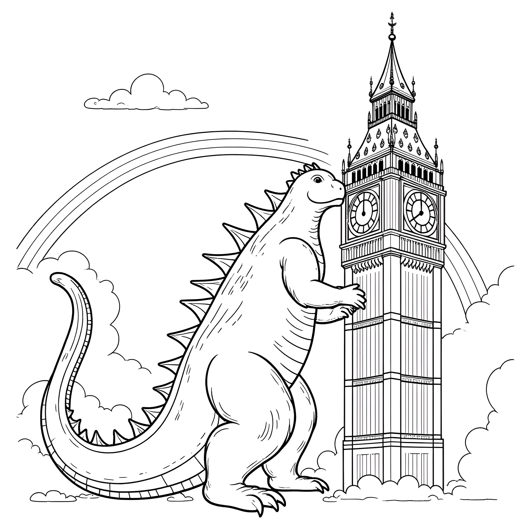 Godzilla attacking Big Ben in London Coloring Page (free black-and-white line drawing printable PDF for all, from beginners to advanced learners, including children, teens, adults, and seniors)