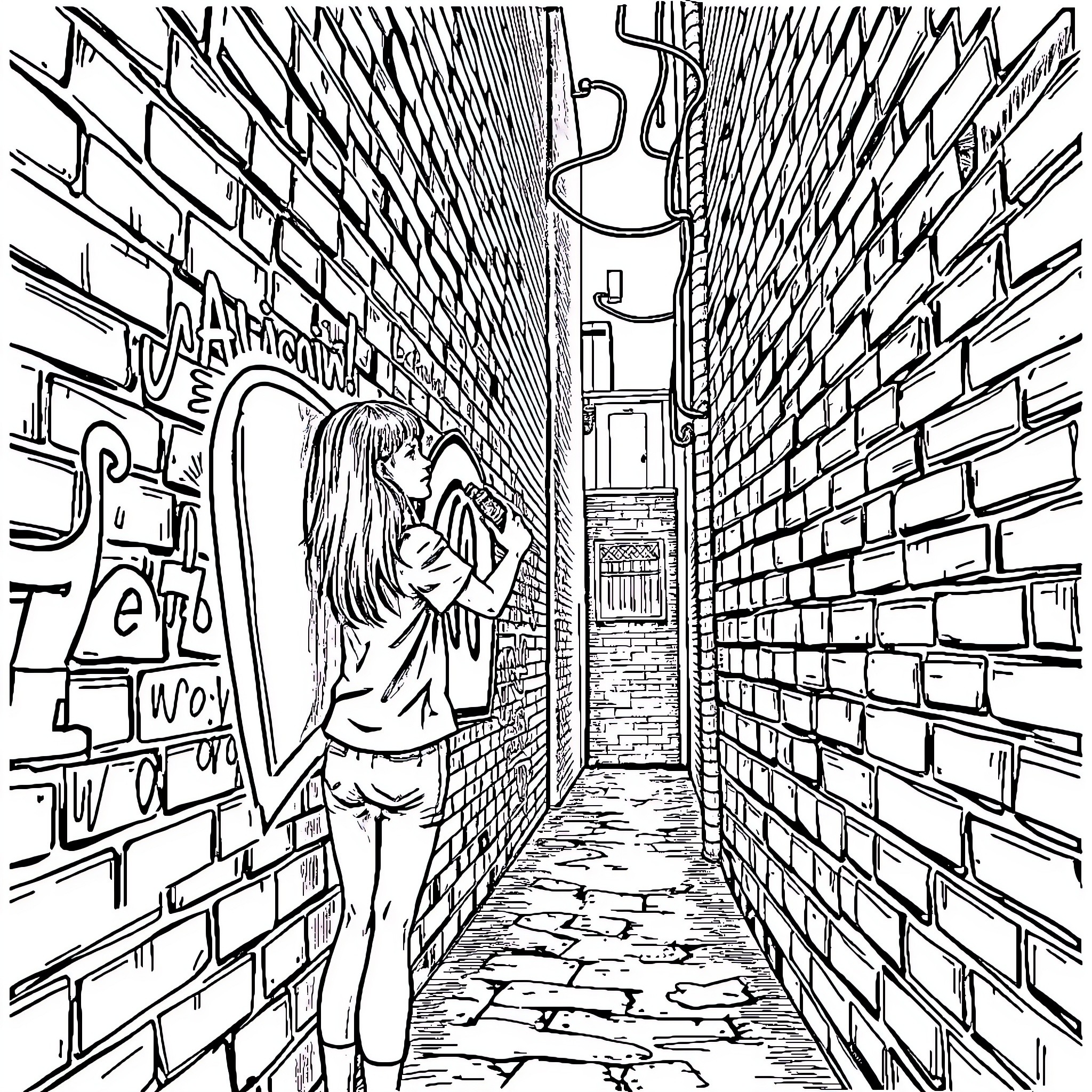 Tina's Mysterious Alleyway Adventure Coloring Page (free black-and-white line drawing printable PDF for all, from beginners to advanced learners, including children, teens, adults, and seniors)