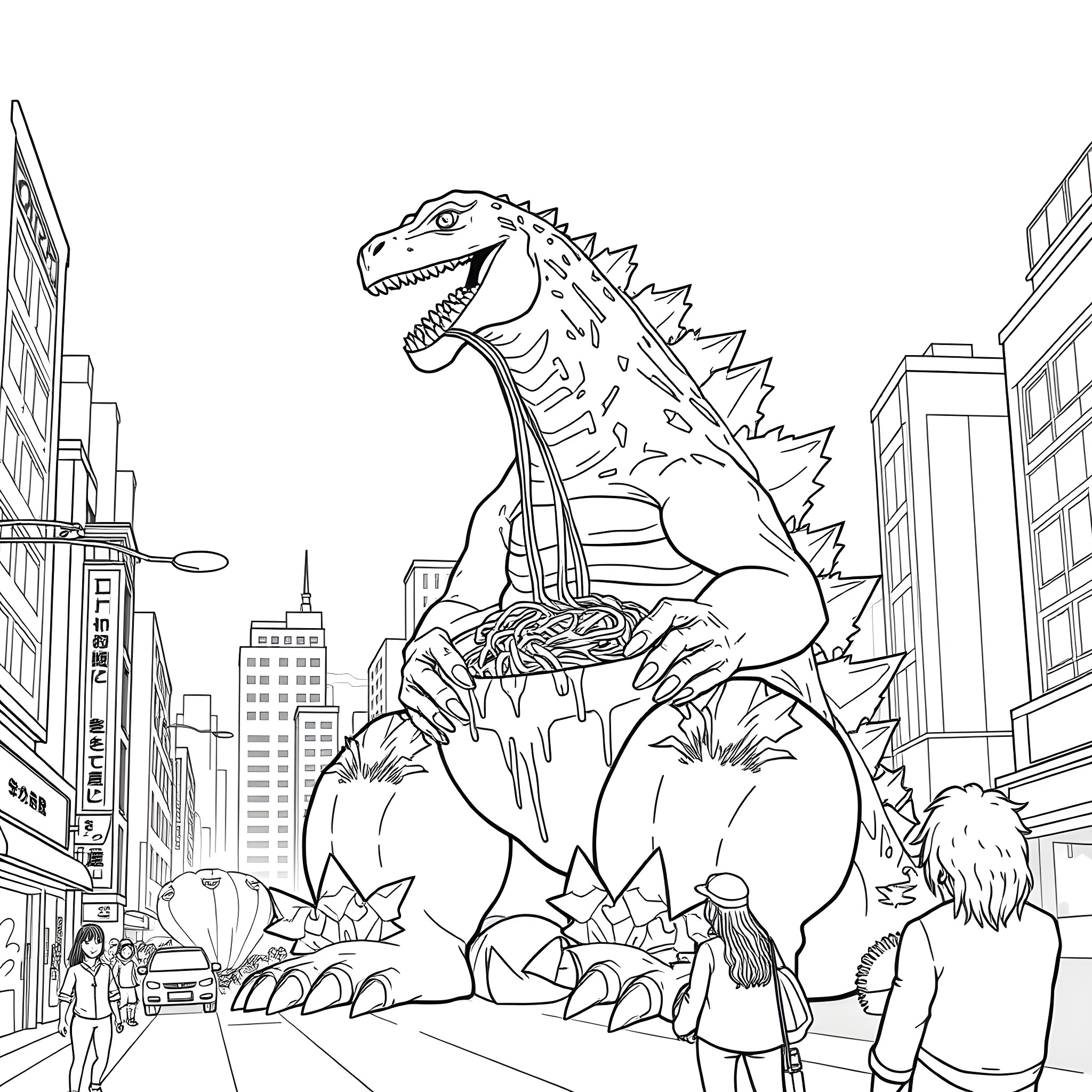 Godzilla Wreaking Havoc in the City Coloring Page (free black-and-white line drawing printable PDF for all, from beginners to advanced learners, including children, teens, adults, and seniors)