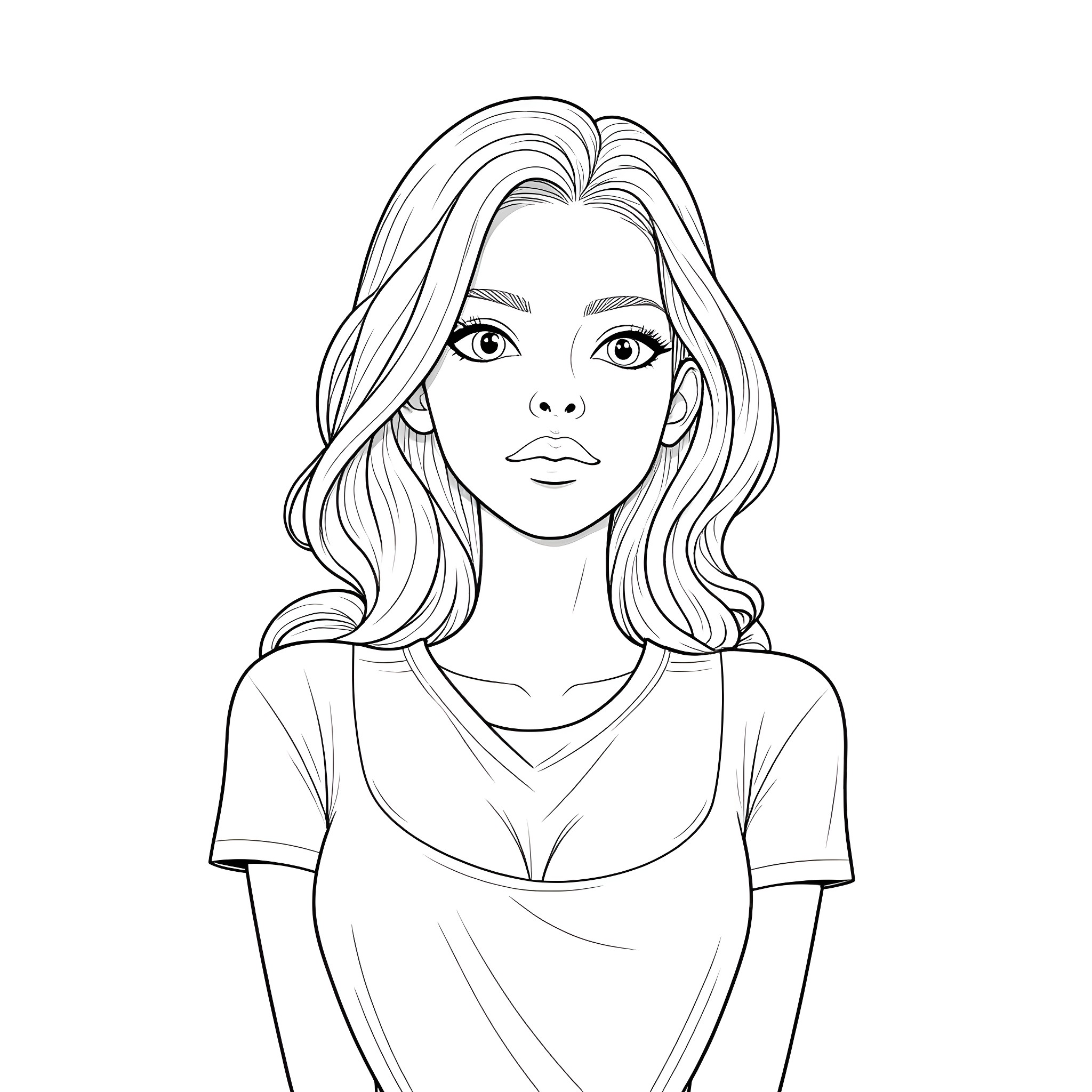 Adult female with long hair and serious expression Coloring Page (free black-and-white line drawing printable PDF for all, from beginners to advanced learners, including children, teens, adults, and seniors)